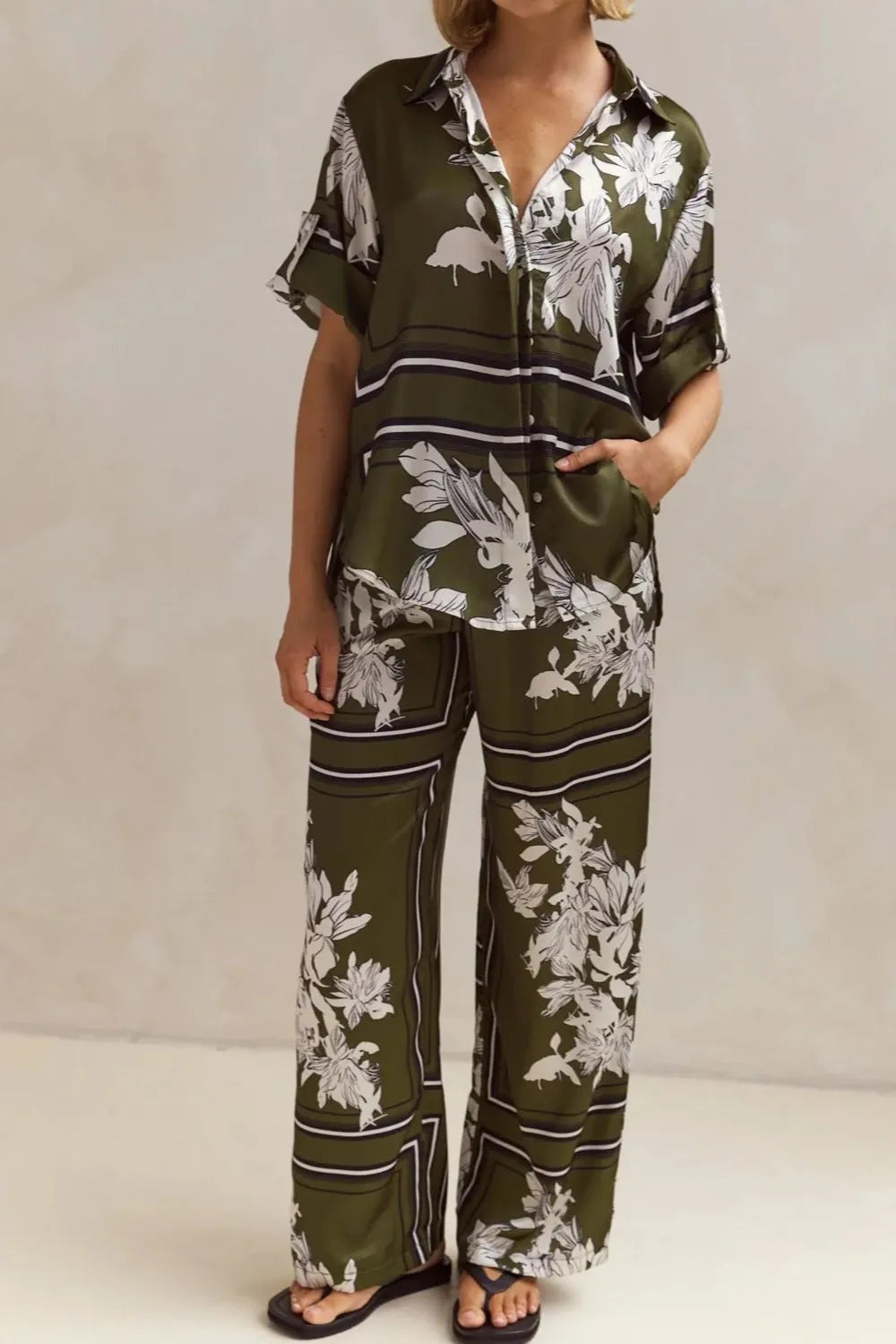 Printed Button Up Shirt and Pants Set - CHIC TB
