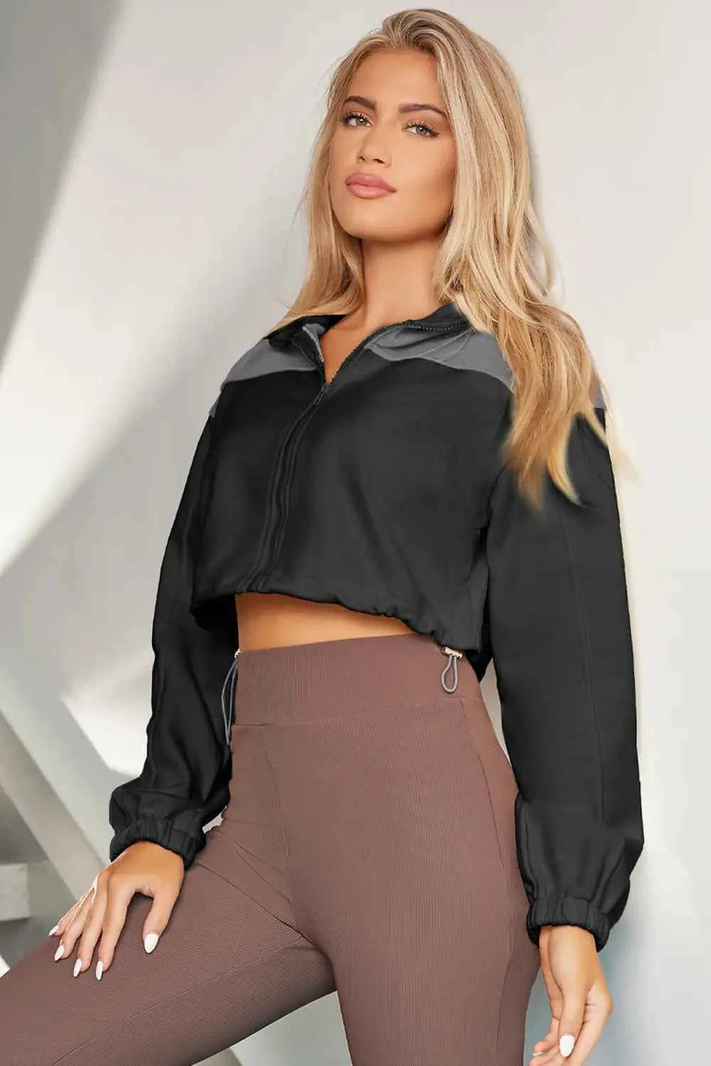 Contrast Drawstring Zip Up Jacket