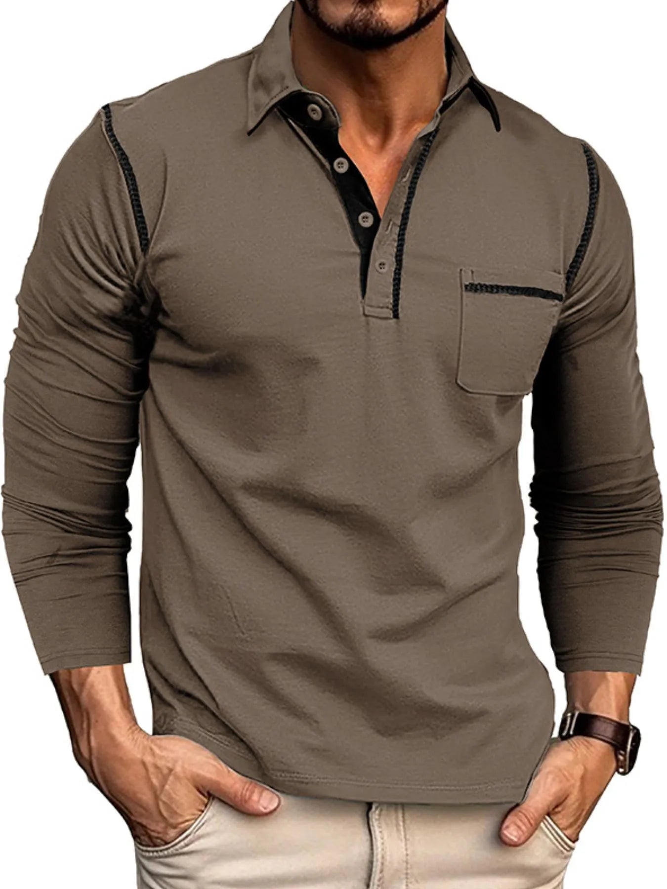 Men's Long Sleeve Polo Shirt with Contrast Stitching.