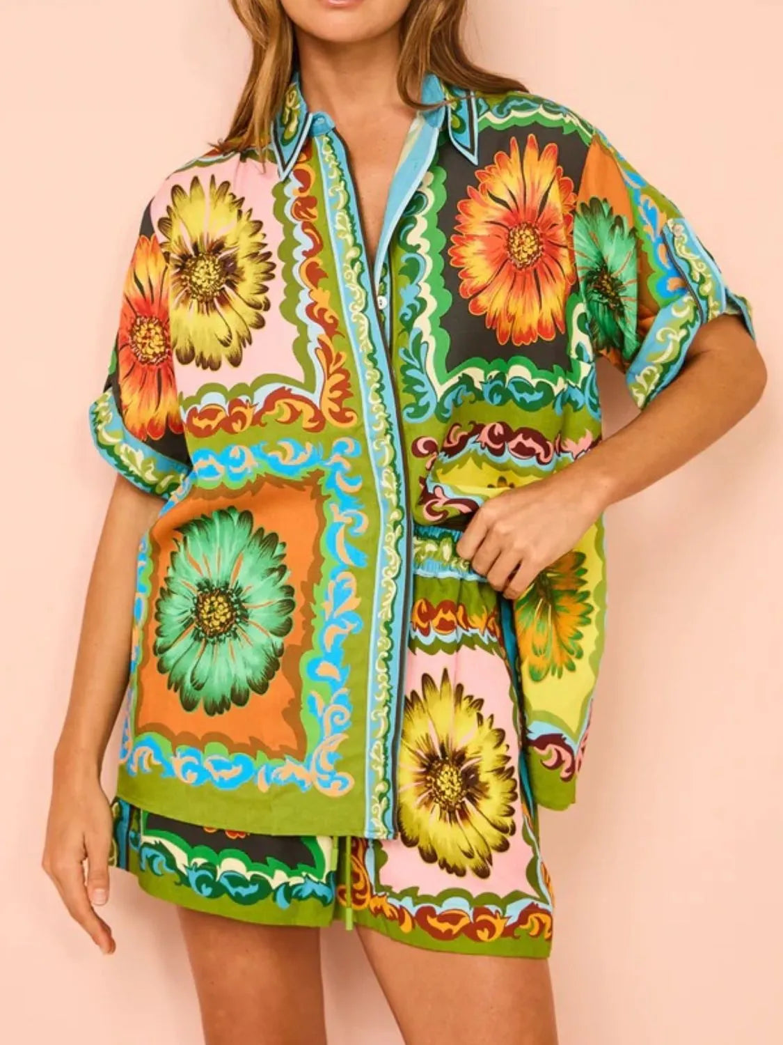 WOMEN Button Down Top and Drawstring Shorts Set - CHIC TB