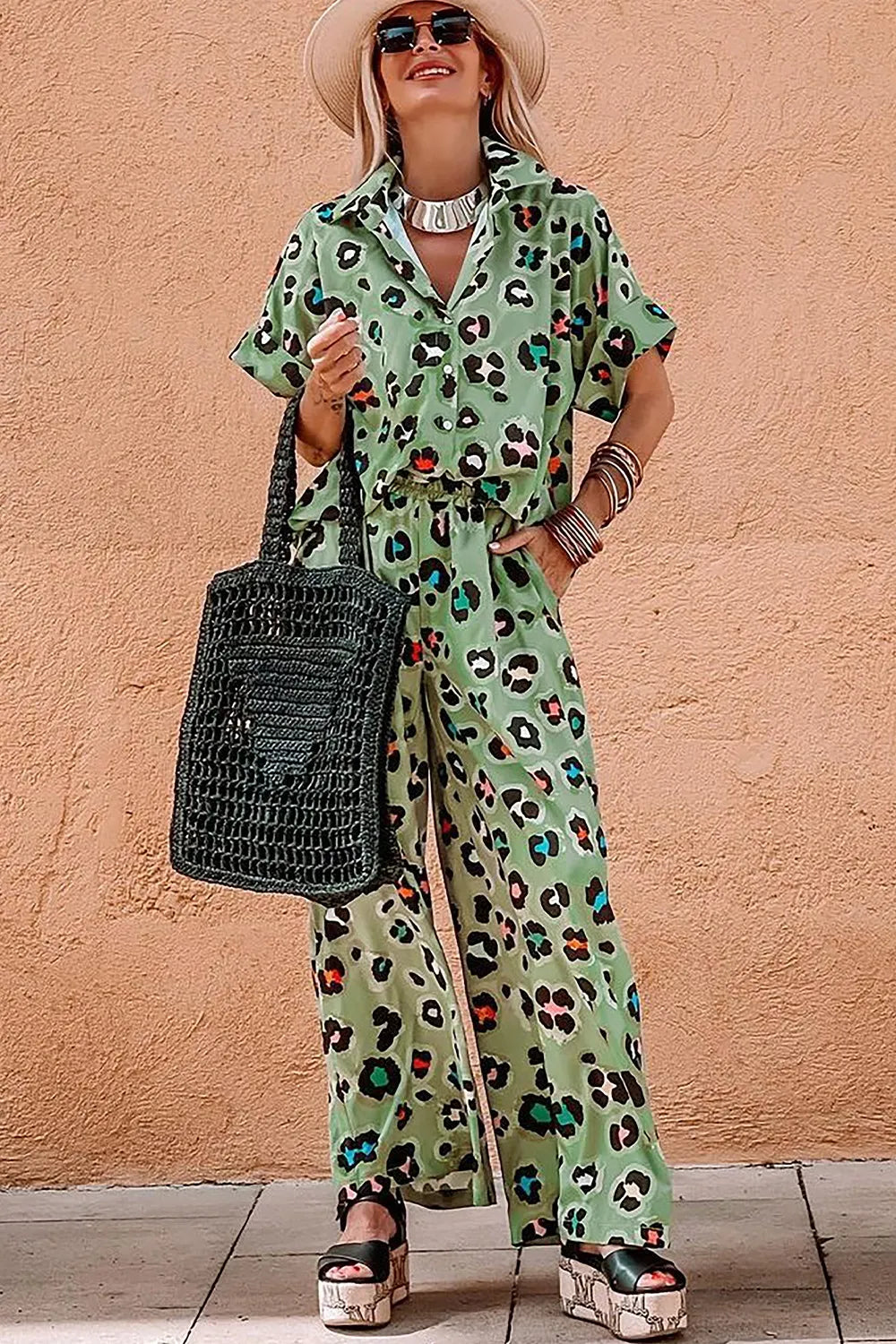 Leopard Collared Neck Top and Pants Set - CHIC TB