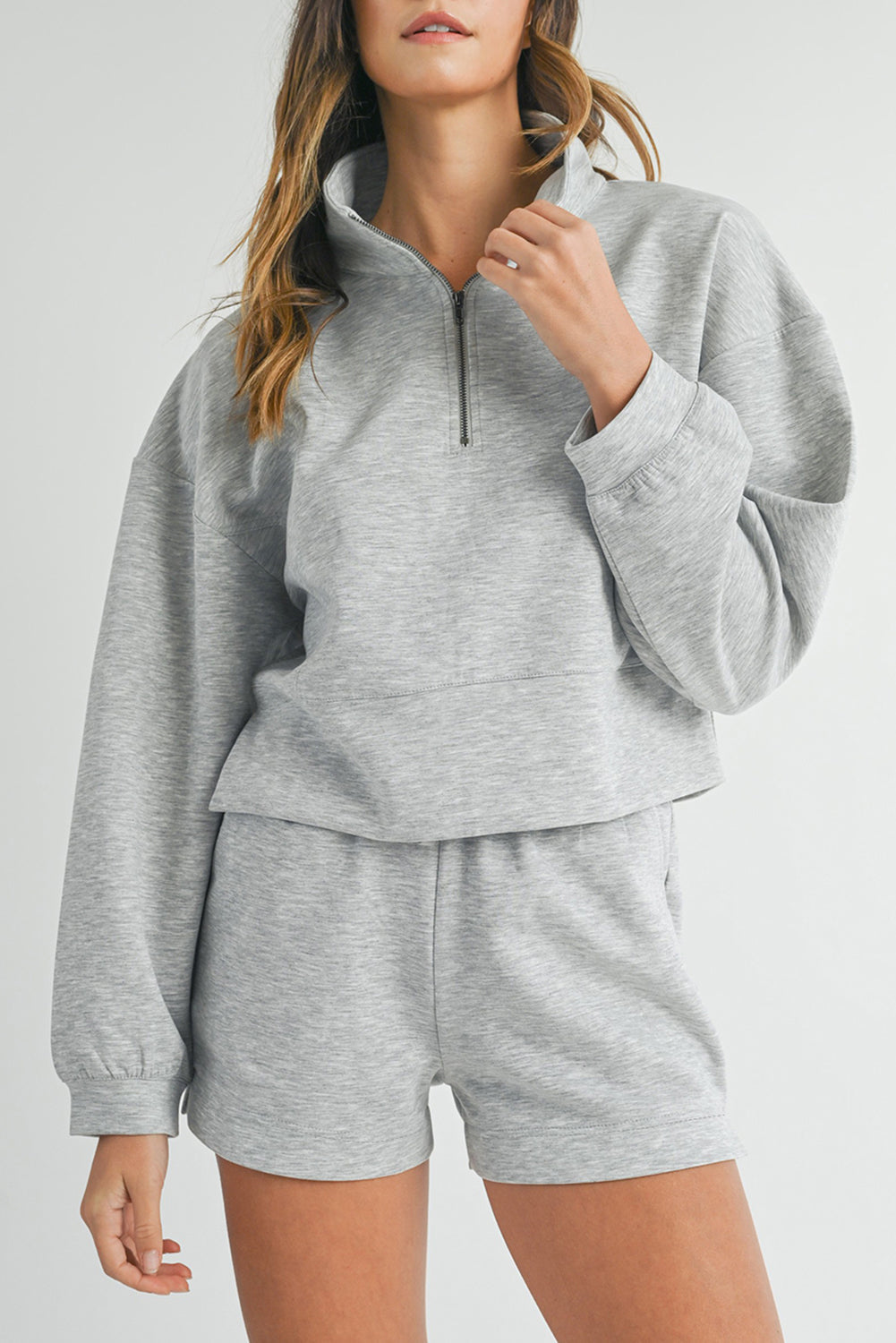 Light Grey Stand Neck Zipped Sweatshirt and Shorts Set Dear-Lover Dropshipping
