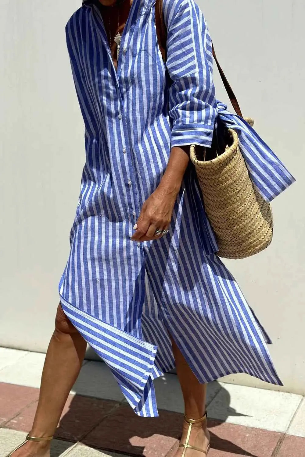 Tied Button Up Three-Quarter Sleeve Dress.