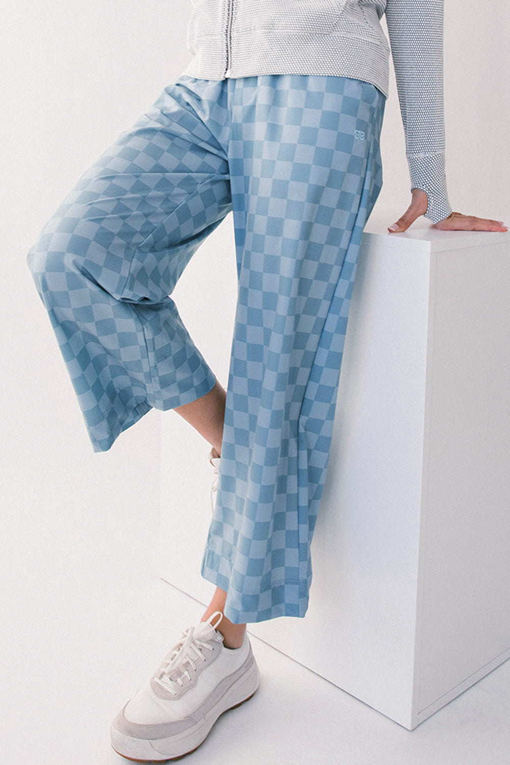Sky Blue Checkered Elastic High Waist Loose Casual Pants Dear-Lover Dropshipping