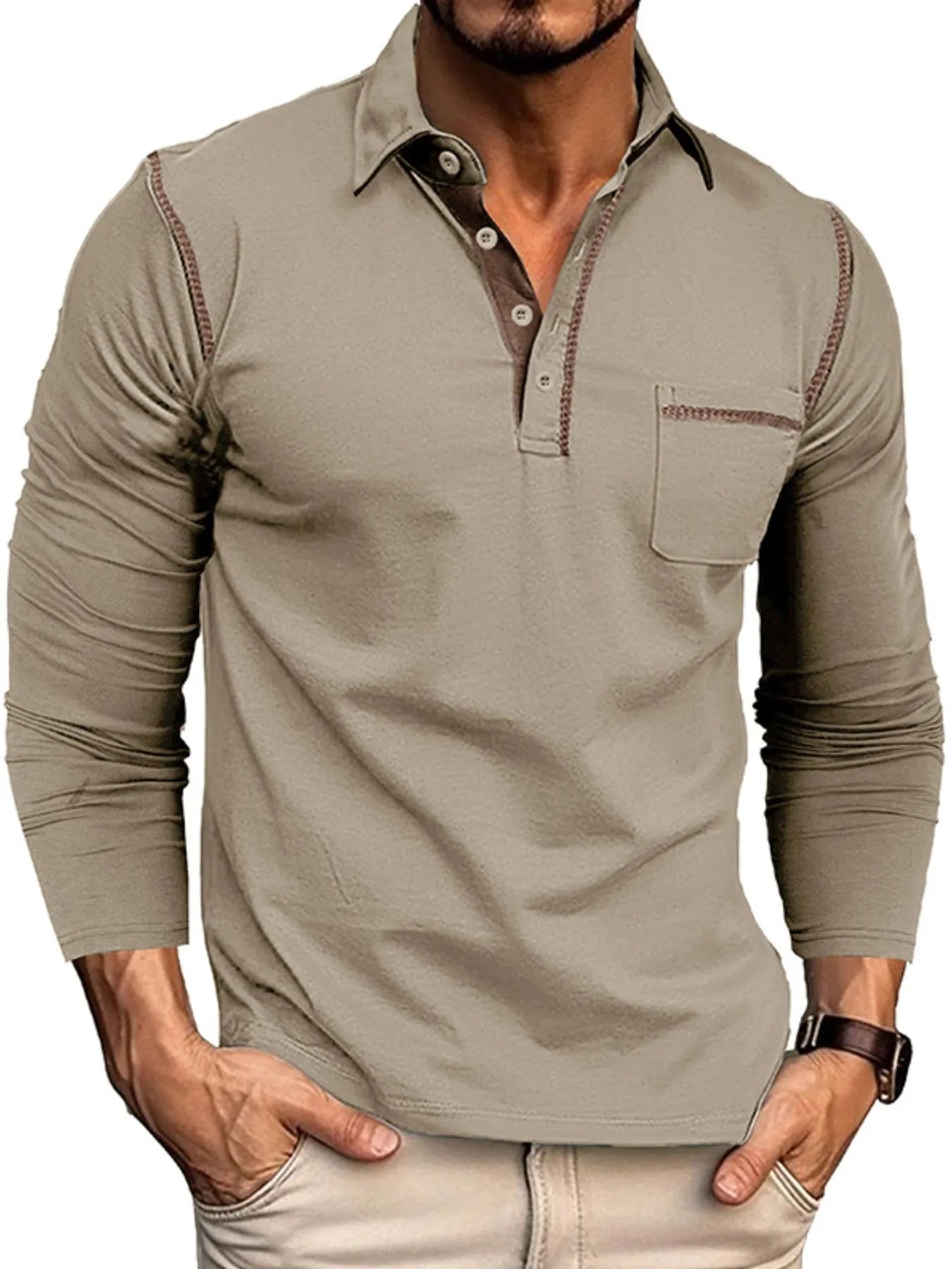 Men's Long Sleeve Polo Shirt with Contrast Stitching.