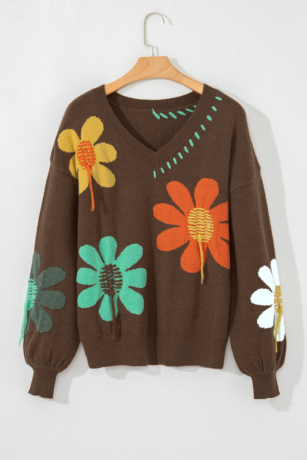 Coffee Big Flower Pattern V Neck Drop Shoulder Sweater Dear-Lover Dropshipping