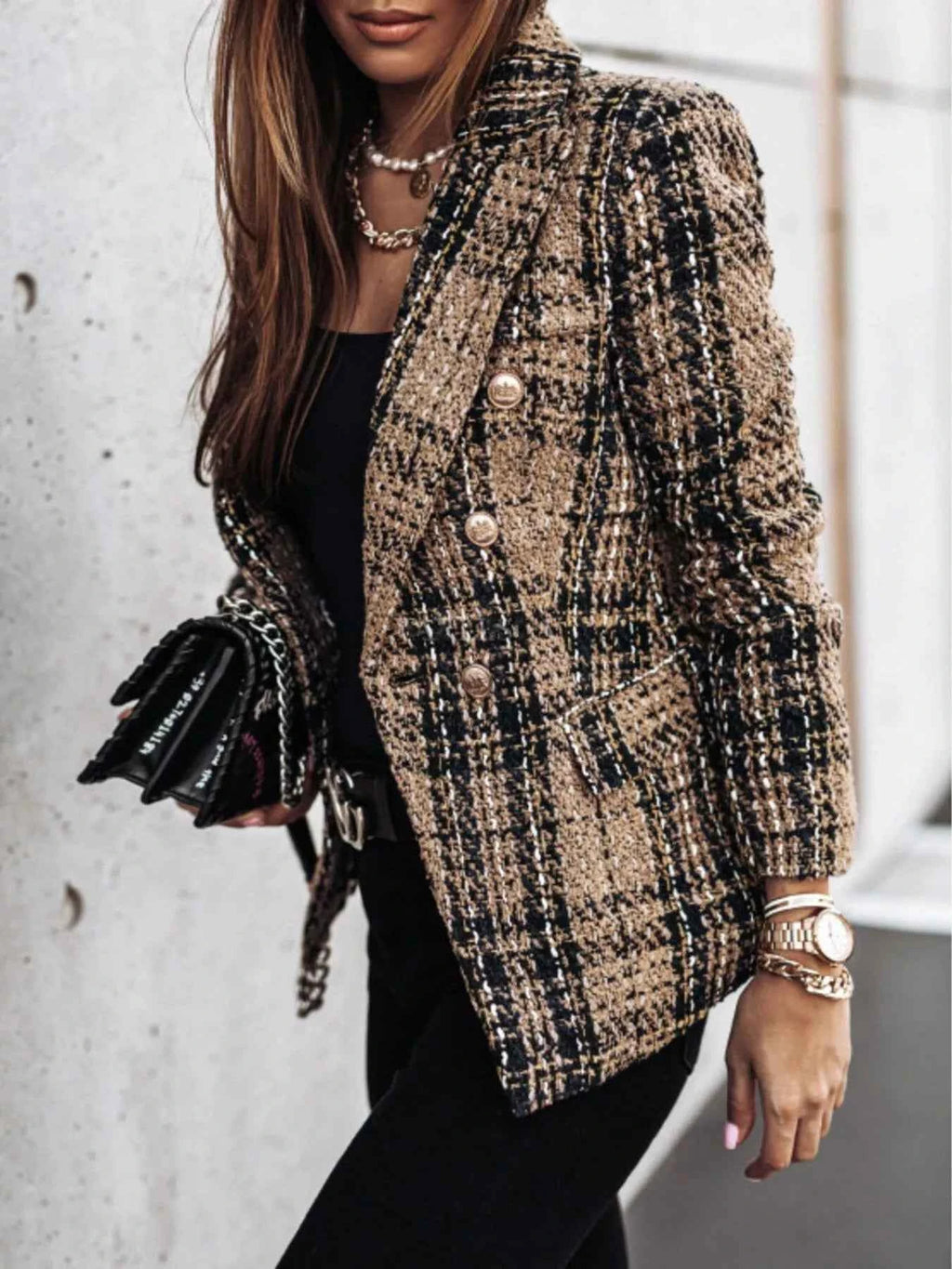 Full Size Plaid Tweed Double-Breasted Blazer Plus Size