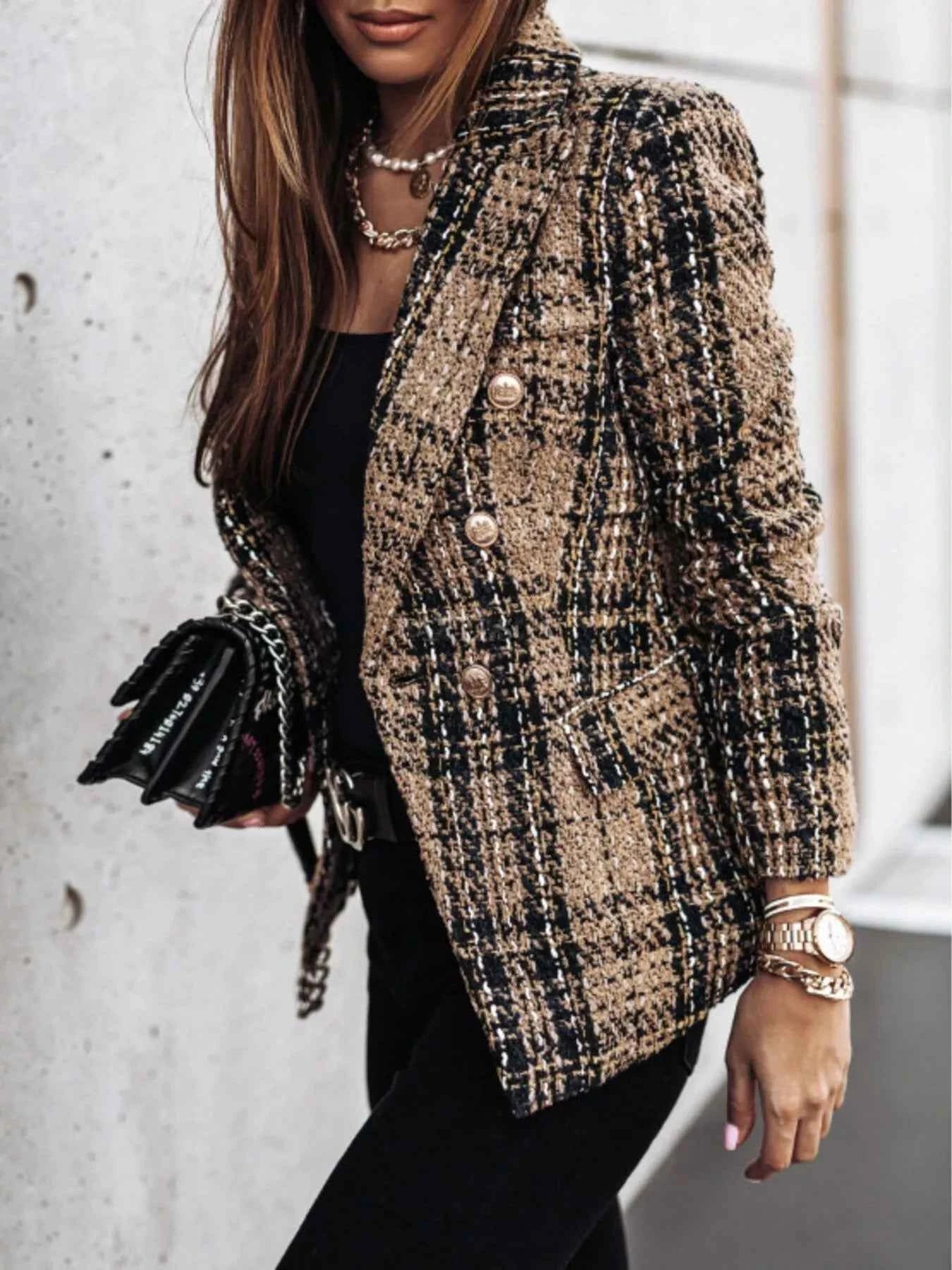 Full Size Plaid Tweed Double-Breasted Blazer Plus Size