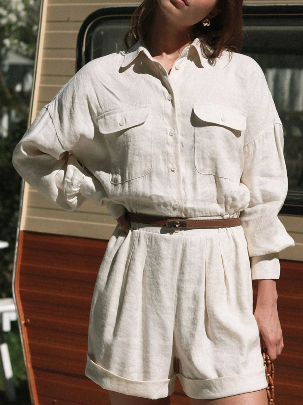 Casual Button Front Long Sleeve Romper.