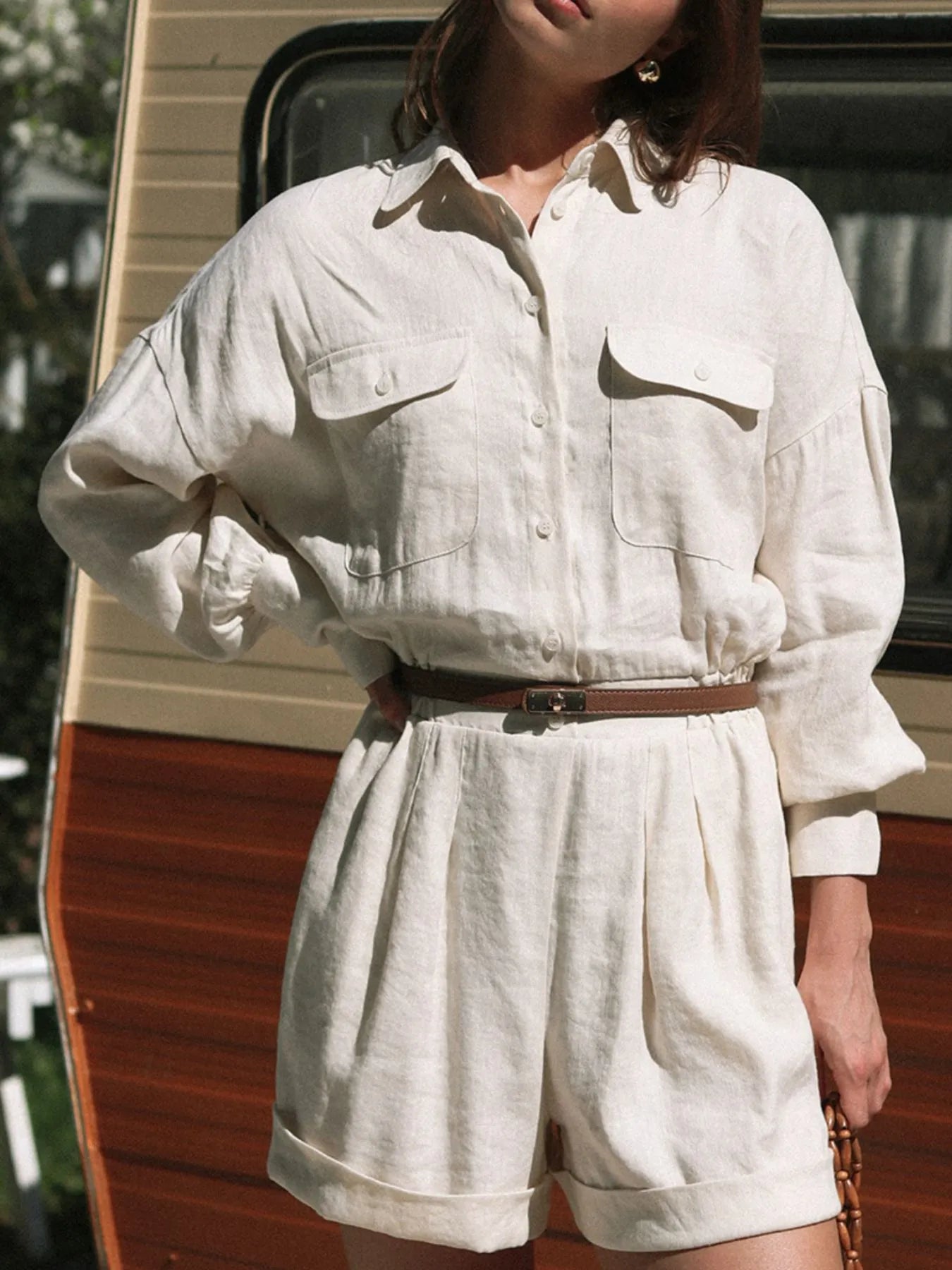 Casual Button Front Long Sleeve Romper.