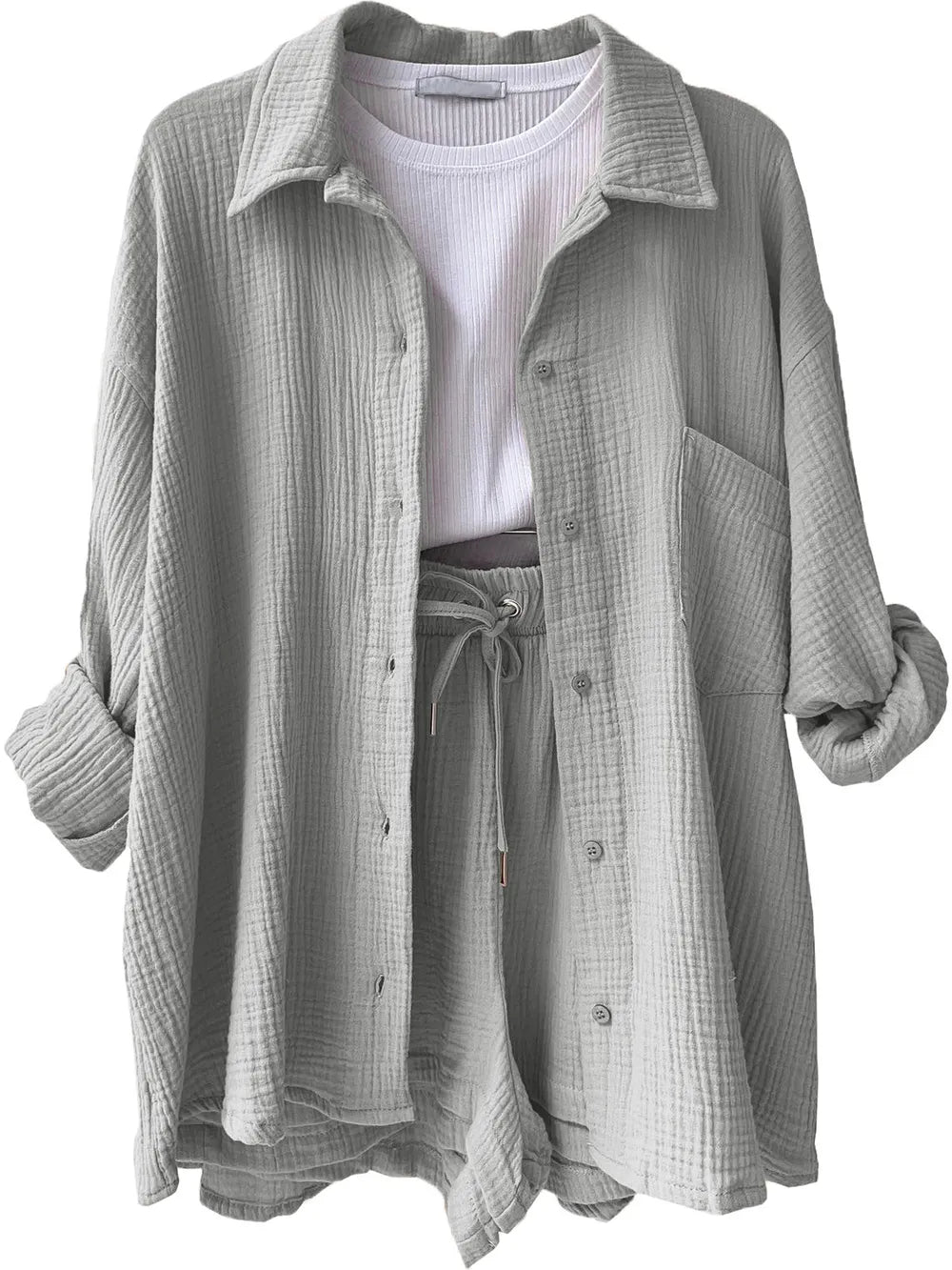 Texture Button Up Shirt and Drawstring Shorts Set - CHIC TB