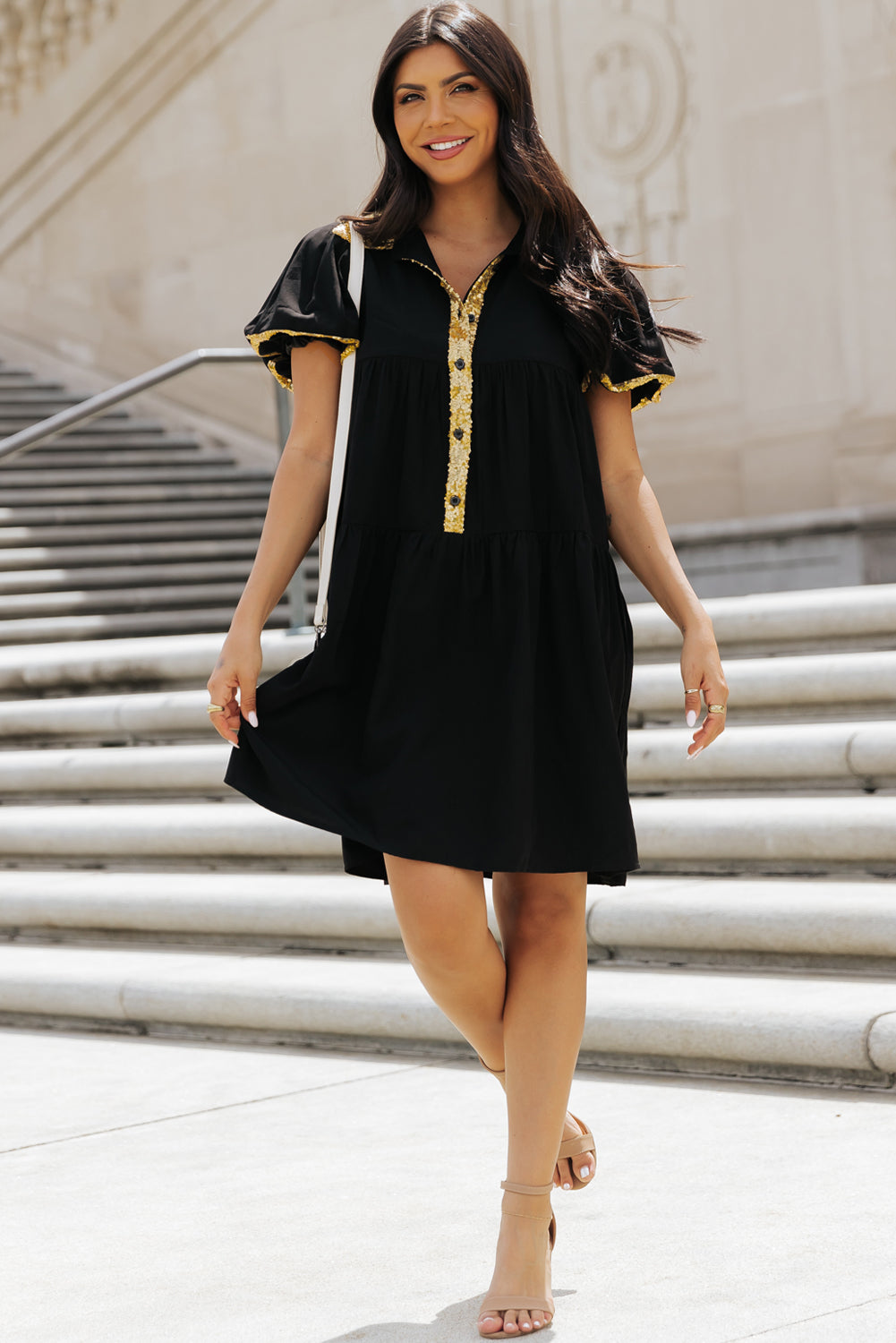 Black Sequin Trim Bubble Sleeve Game Day Shirt Dress Dear-Lover Dropshipping