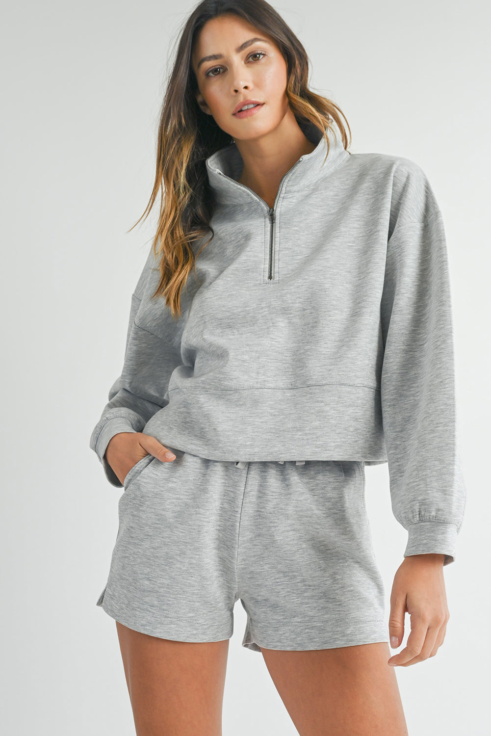 Light Grey Stand Neck Zipped Sweatshirt and Shorts Set Dear-Lover Dropshipping