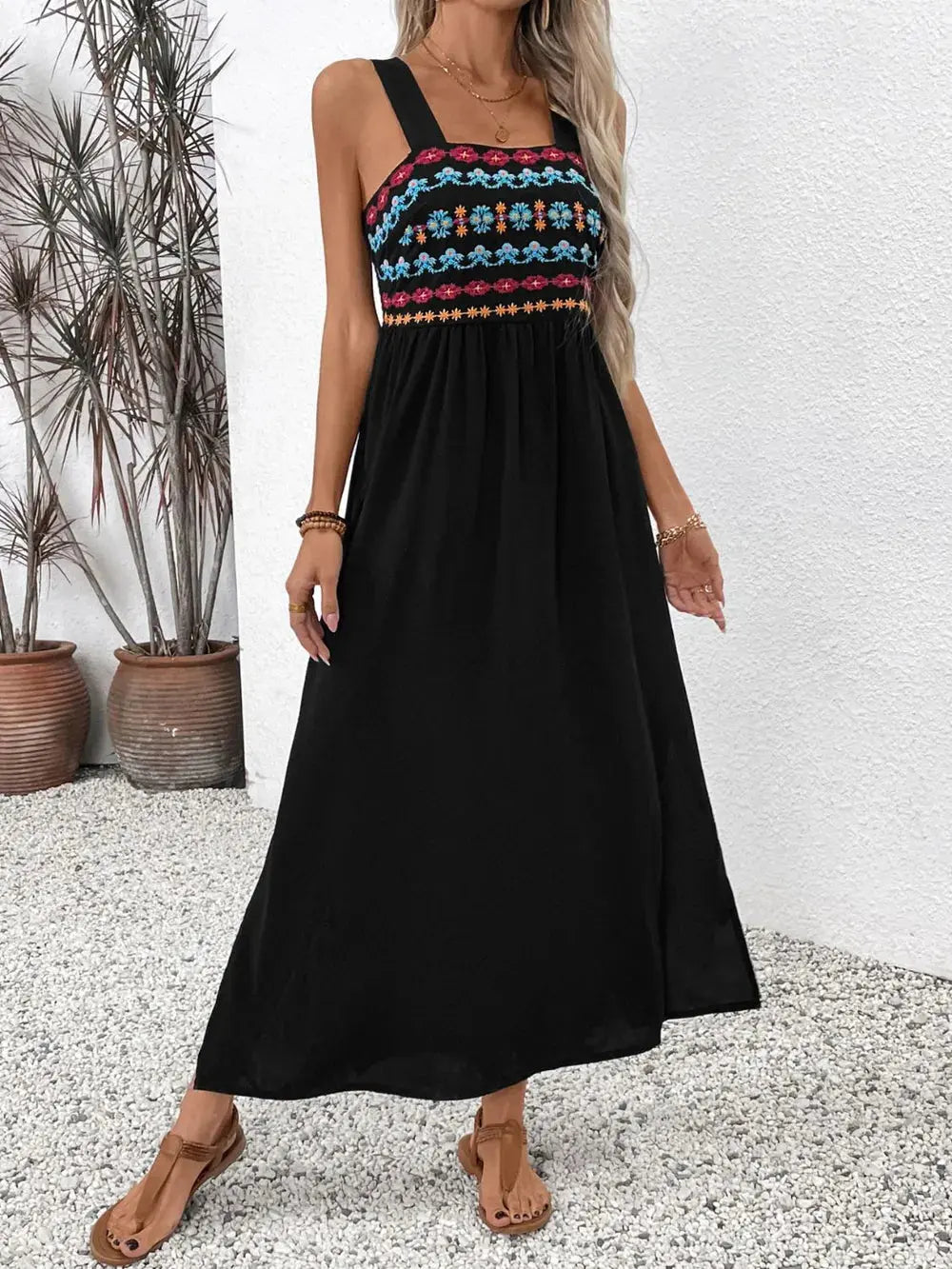 Perfee Embroidered Floral Side Slit Sleeveless Midi Dress.