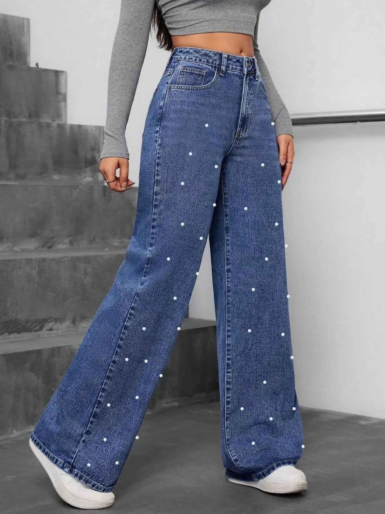 Pearl Embellished Wide Leg Jeans