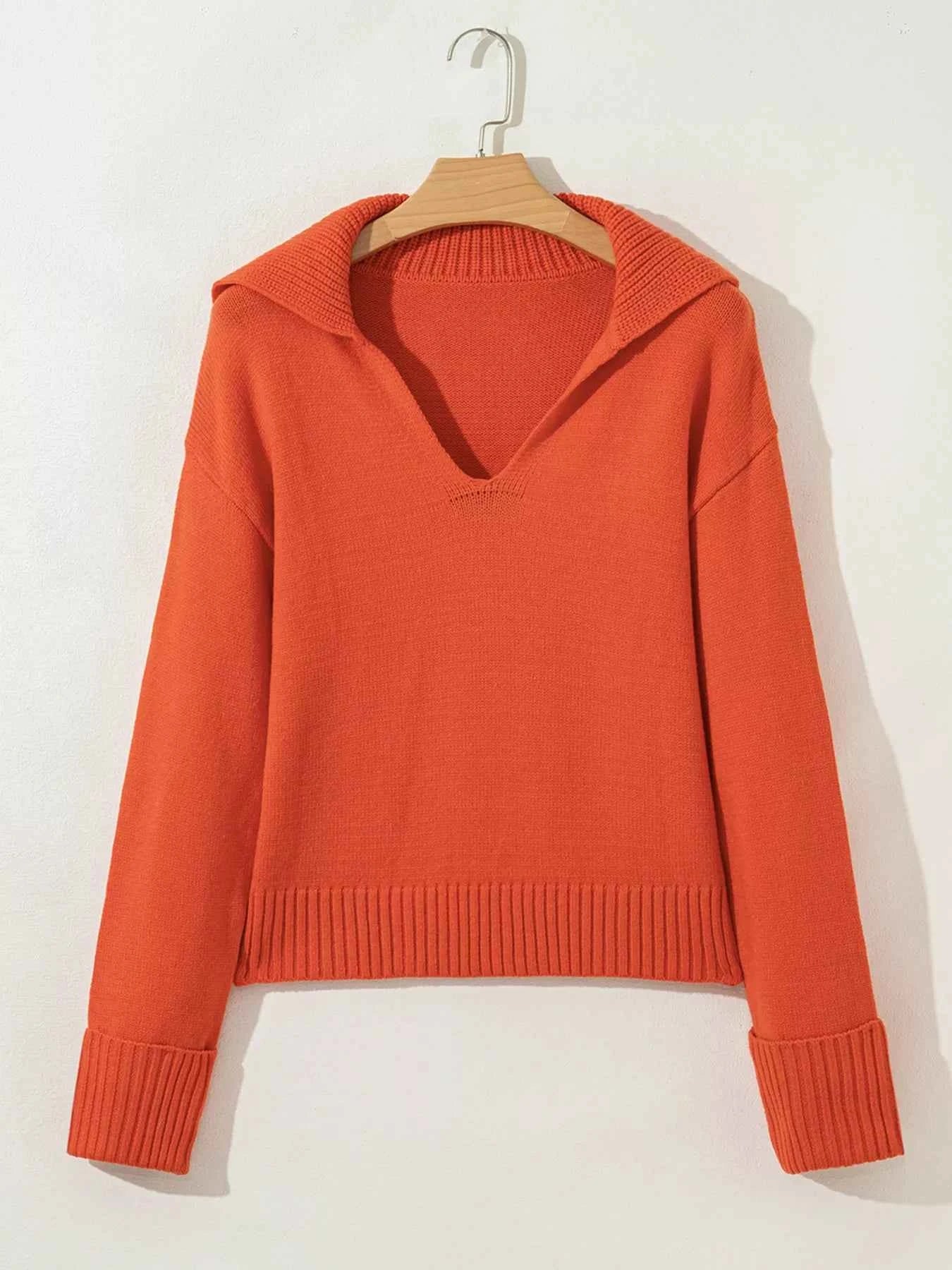 Collared V Neck Ribbed Edge Sweater