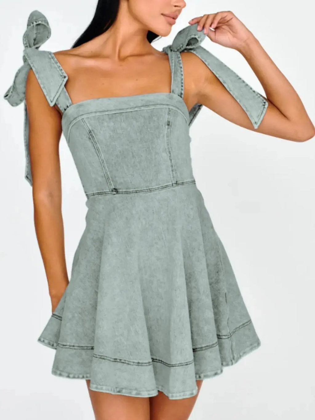 Bow-Shoulder Square Neck Denim Mini Dress.