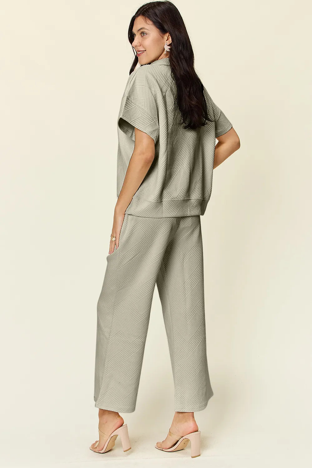 Full Size Texture Half Zip Short Sleeve Top and Pants Set.