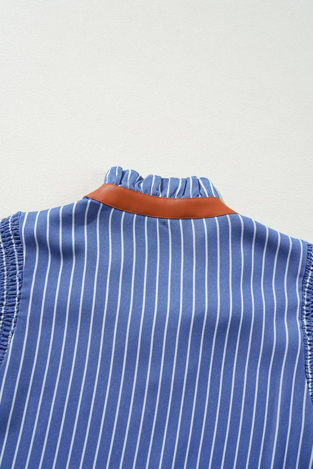 Stripe Frilly Split Neck Shirred Ruffle Sleeve Short Shift Dress.