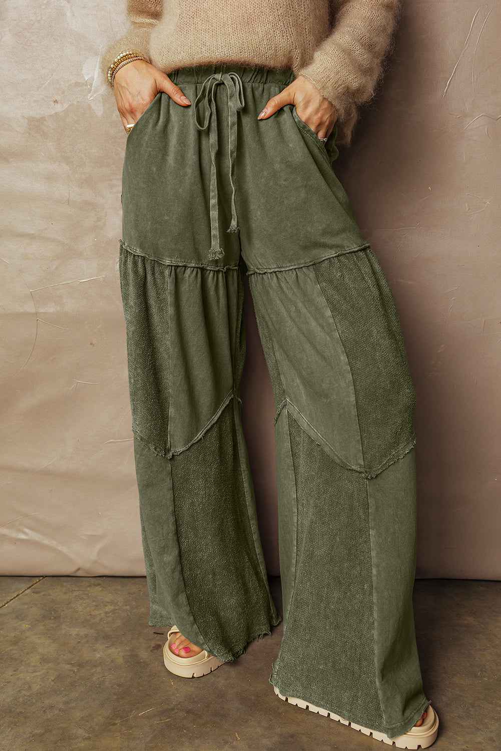 Vineyard Green Mineral Wash Tiered Wide Leg Patchwork Drawstring Pants