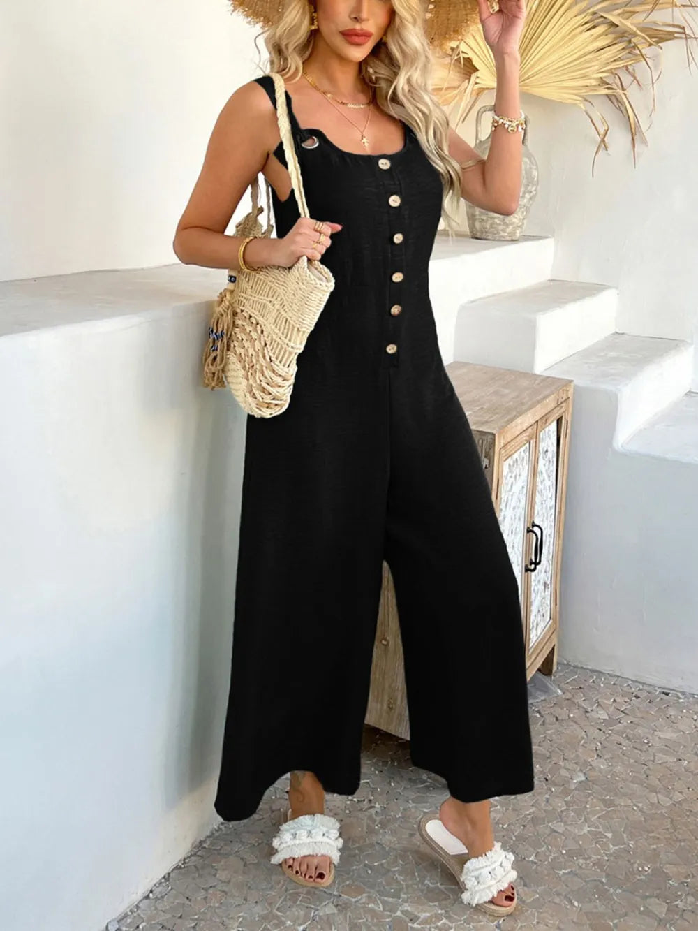 Devine Button Front Knotted Strap Wide Leg Jumpsuit.