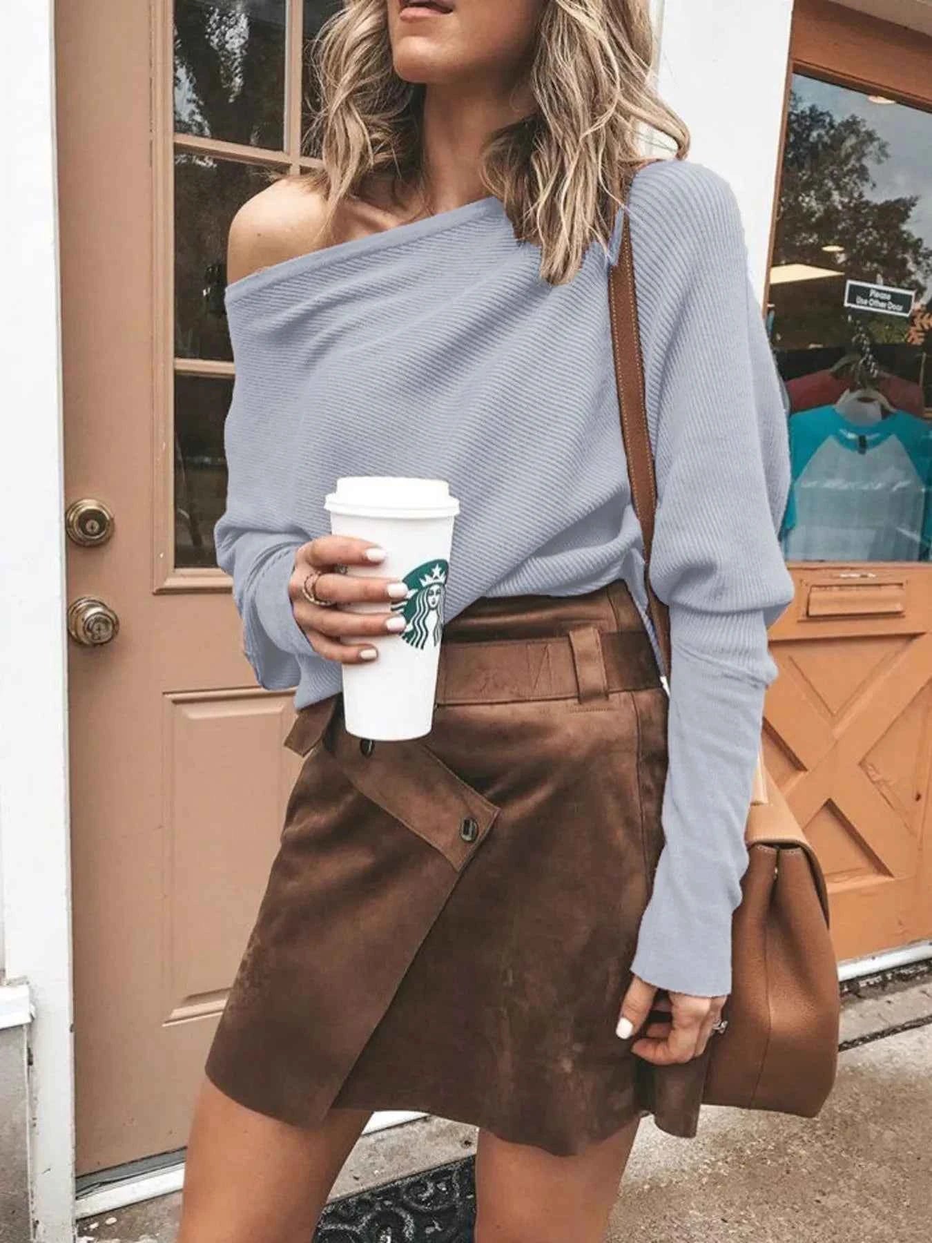 Full Size One-Shoulder Ribbed Sweater Plus Size.