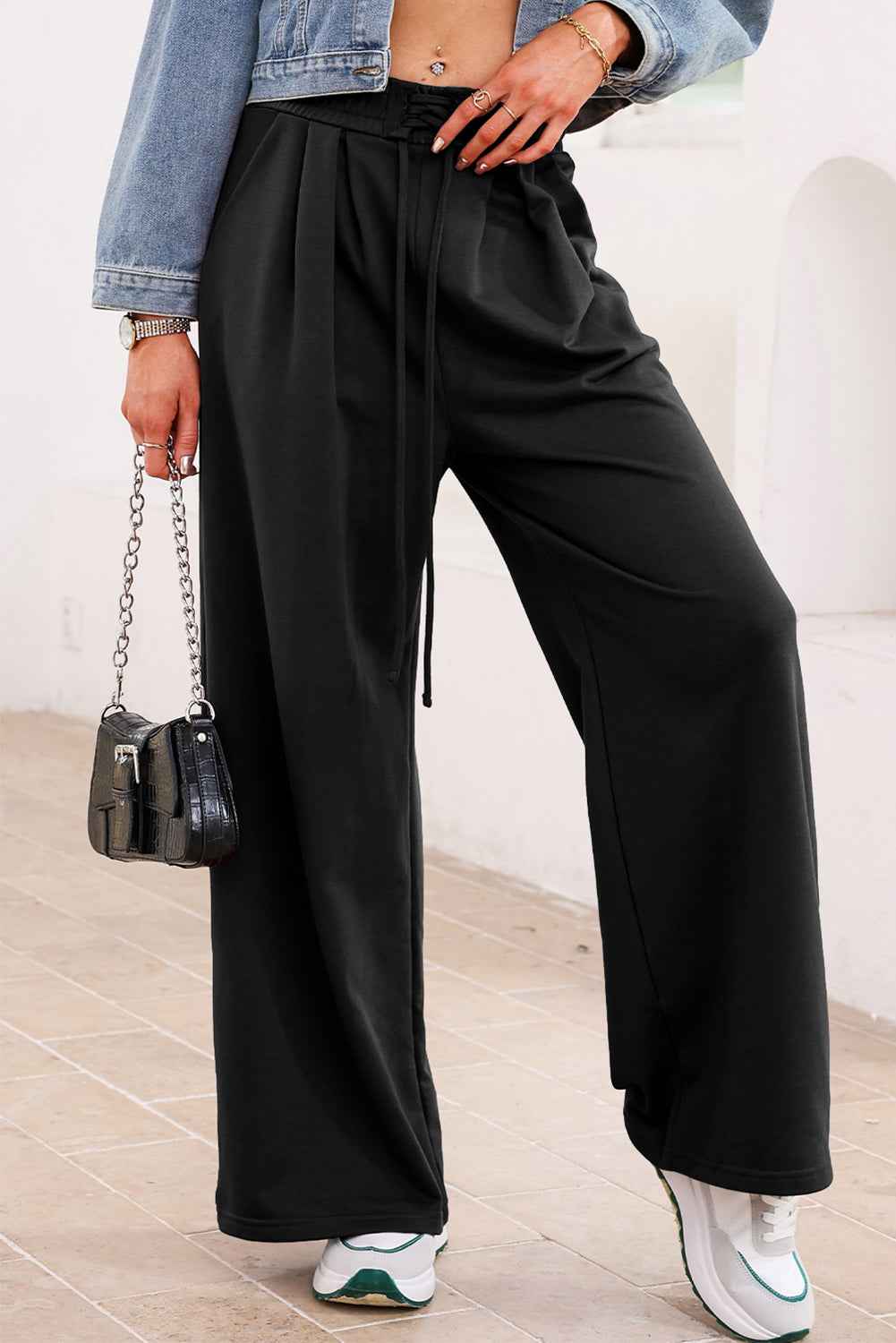 Dear Lovers Black Tied Elastic High Waist Pleated Detail Solid Sweatpants