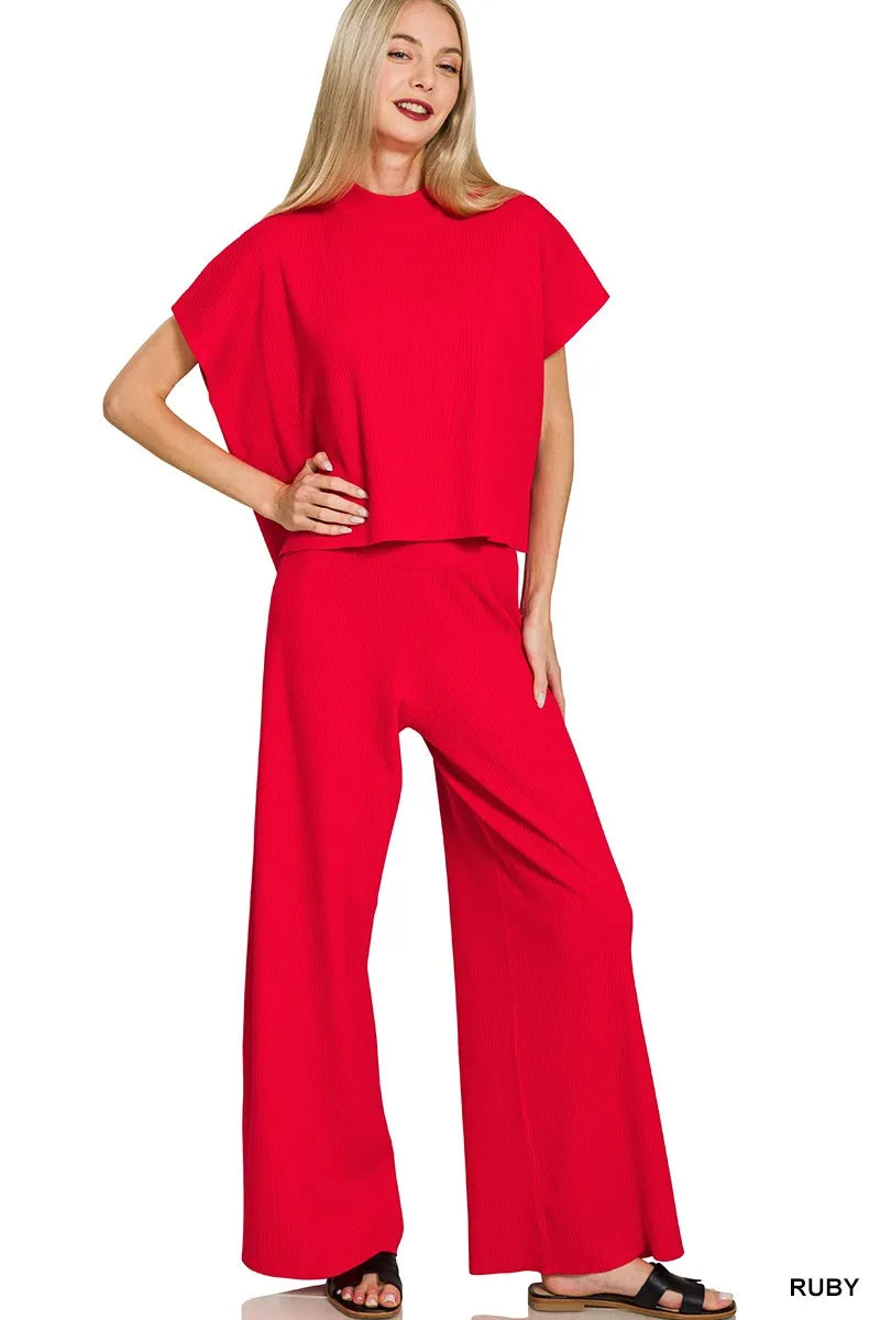 Zenana Viscose Sweater Short Sleeve Top and Pants Set.