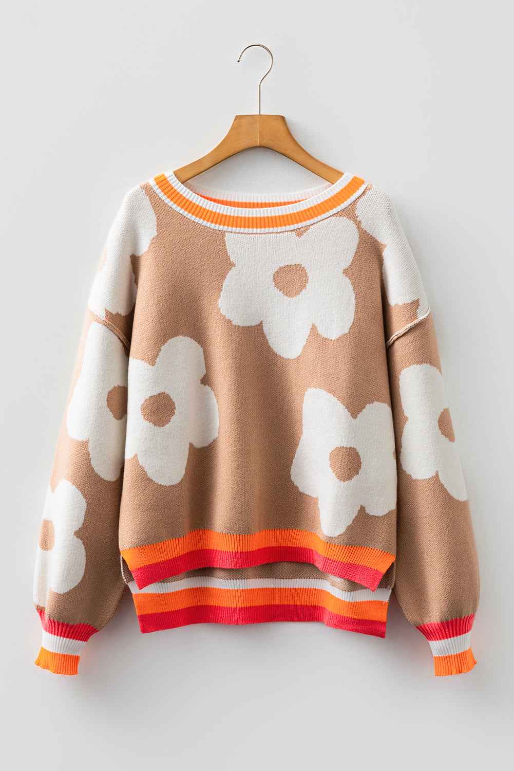 Smoke Gray Big Flower Pattern Contrast Striped Baggy Sweater