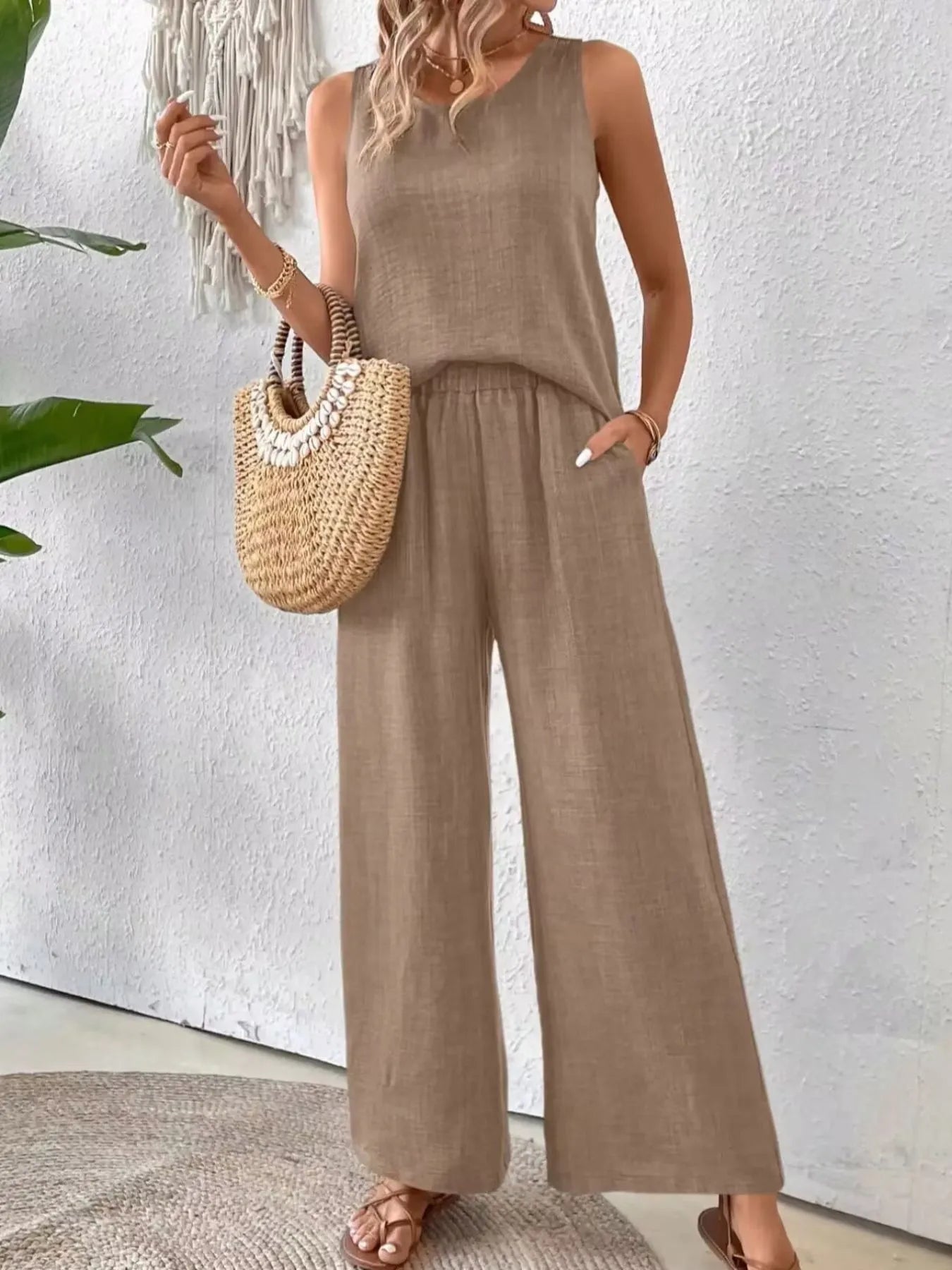 Round Neck Tank and Wide Leg Pants Set - CHIC TB