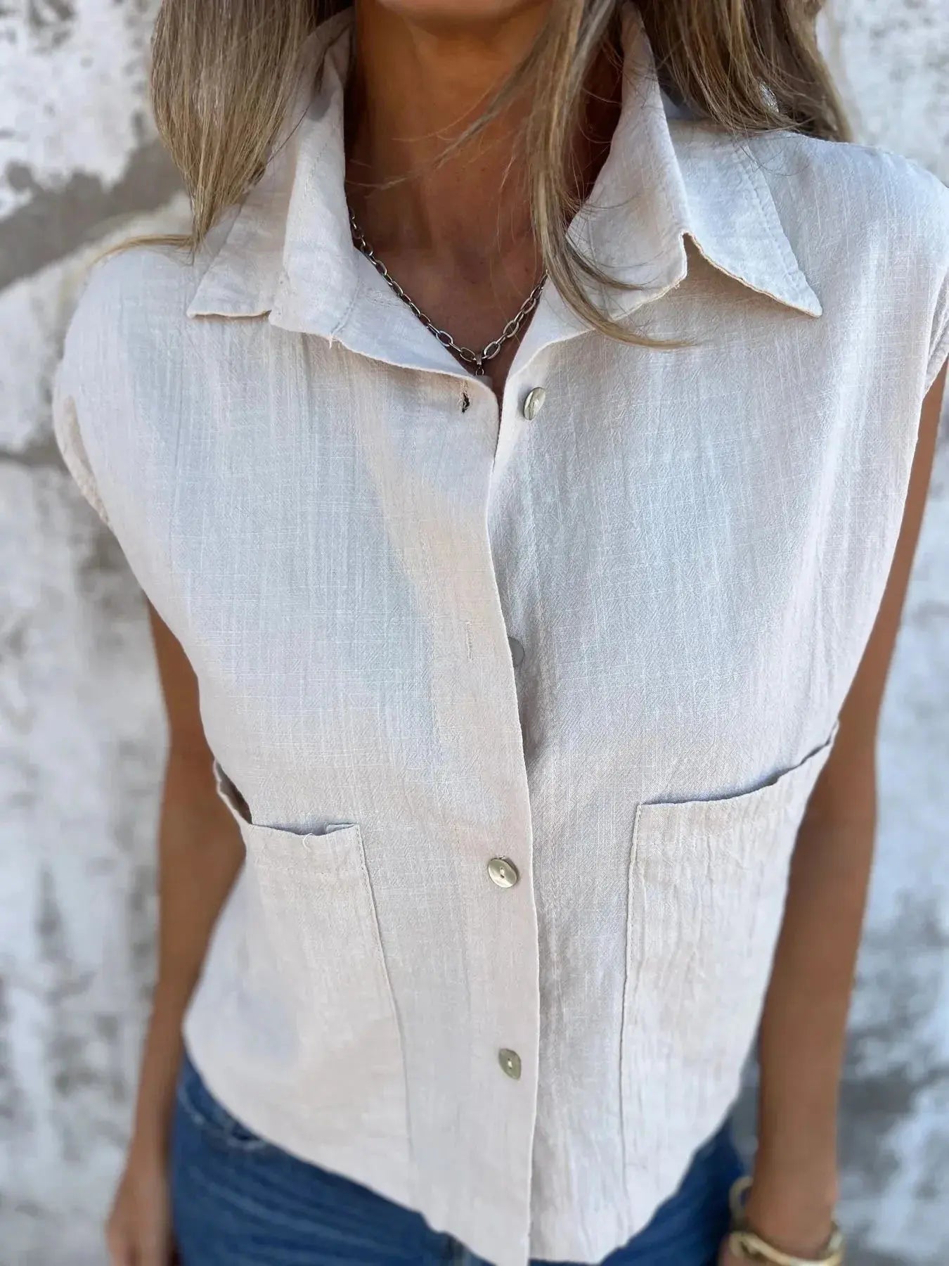 Full Size Textured Button-Front Sleeveless Shirt Plus Size.