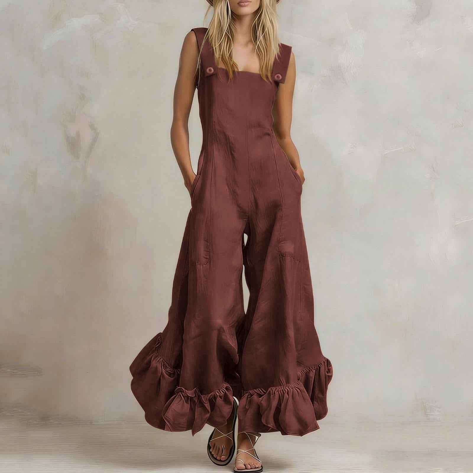 Wide-leg Flounce-trimmed Strap Jumpsuit For Women