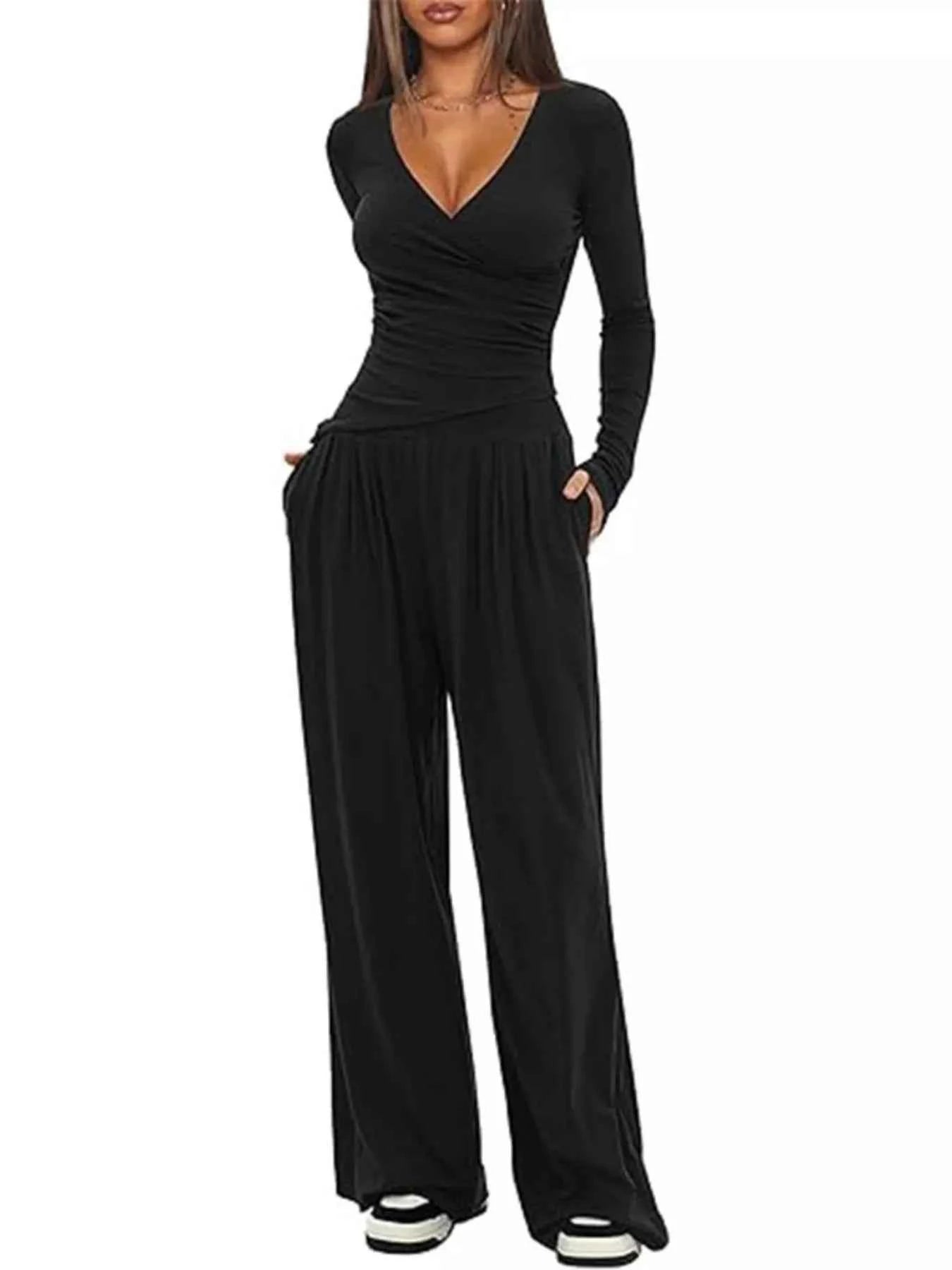 Casual Long Sleeve Top and Wide Leg Pants Set