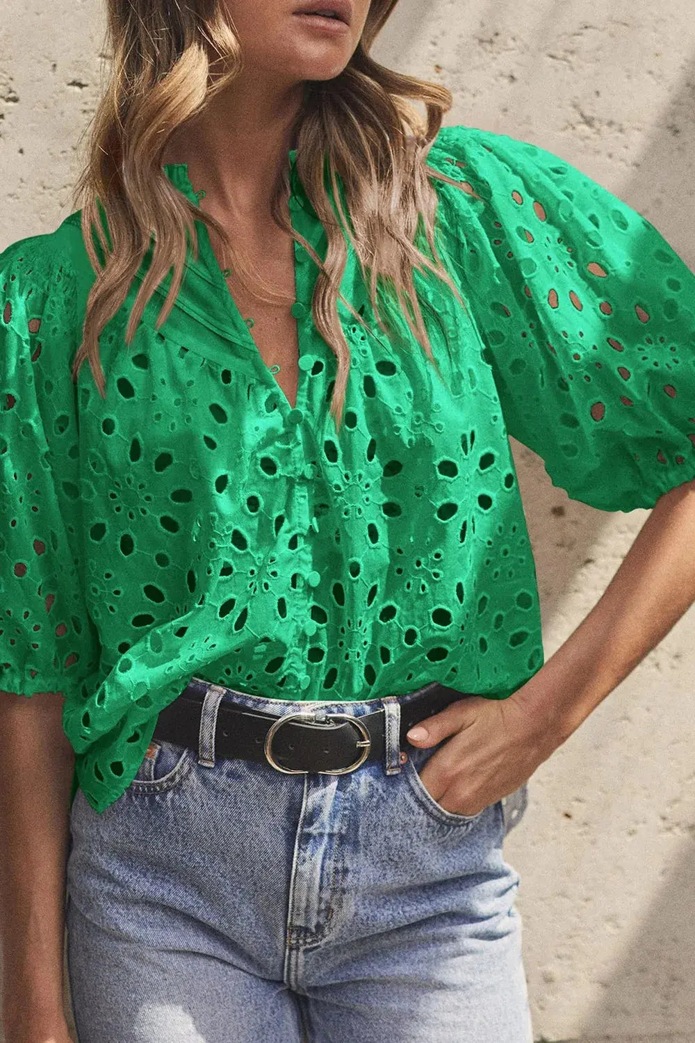 Eyelet Button Up Half Sleeve Blouse.