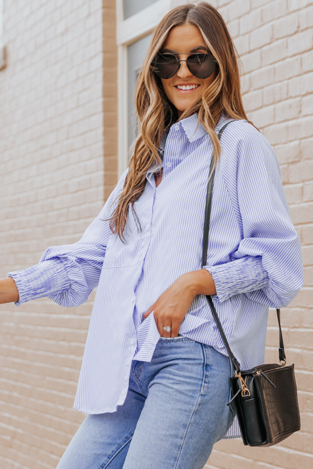 Sky Blue Smocked Cuffed Striped Boyfriend Shirt with Pocket Dear-Lover Dropshipping