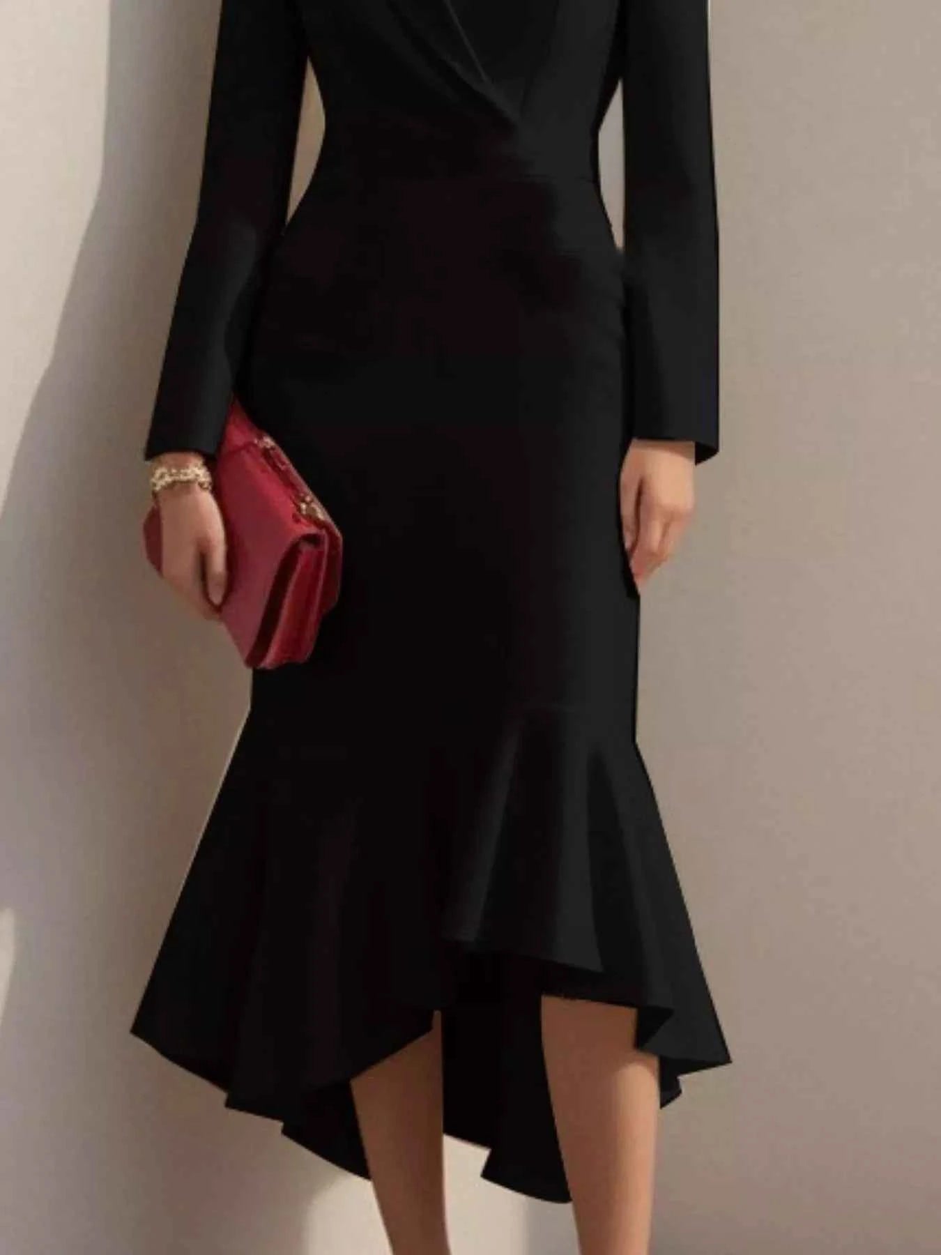 Ruffled Hem Long Sleeve Midi Blazer Dress