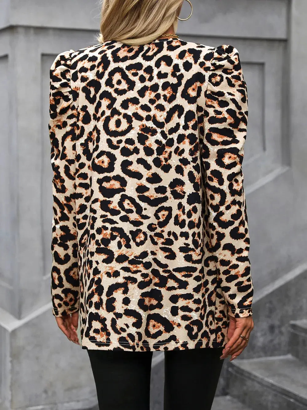 Leopard Open Front Puff Sleeve Jacket.