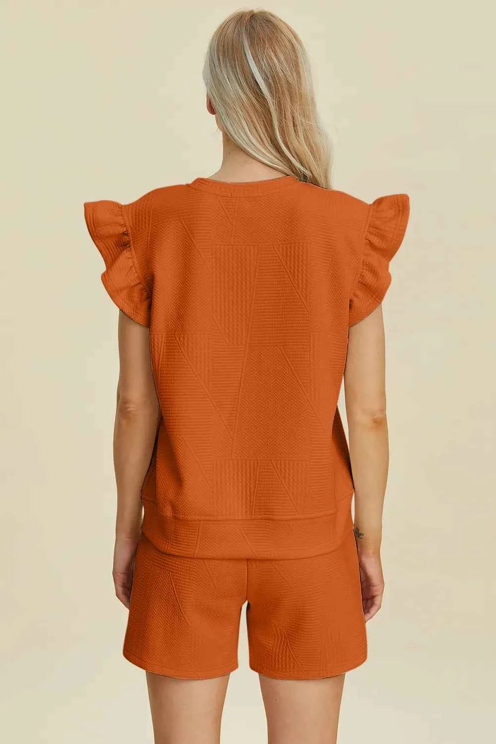 Round Neck Ruffle Sleeve Top and Shorts Set