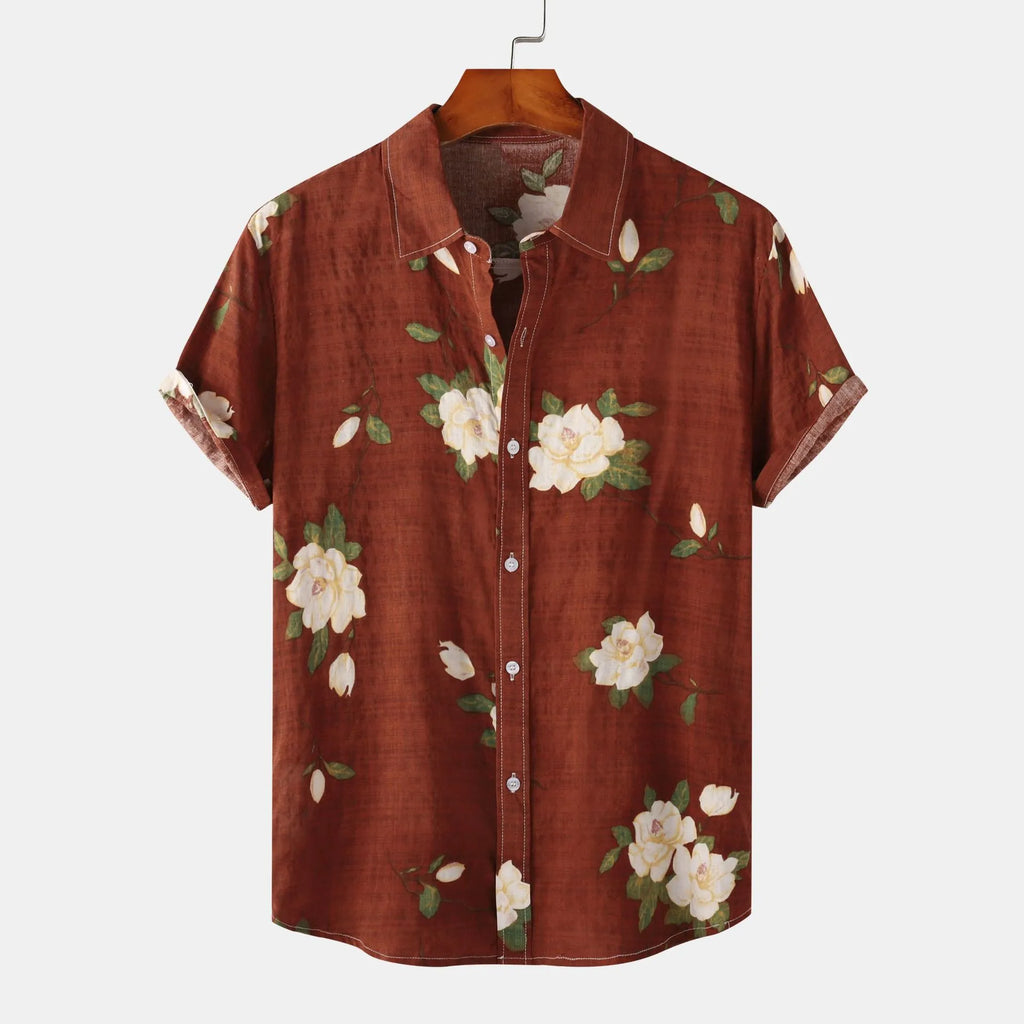 Men's Plus Size Floral Print Short Sleeve Button Down Shirt.