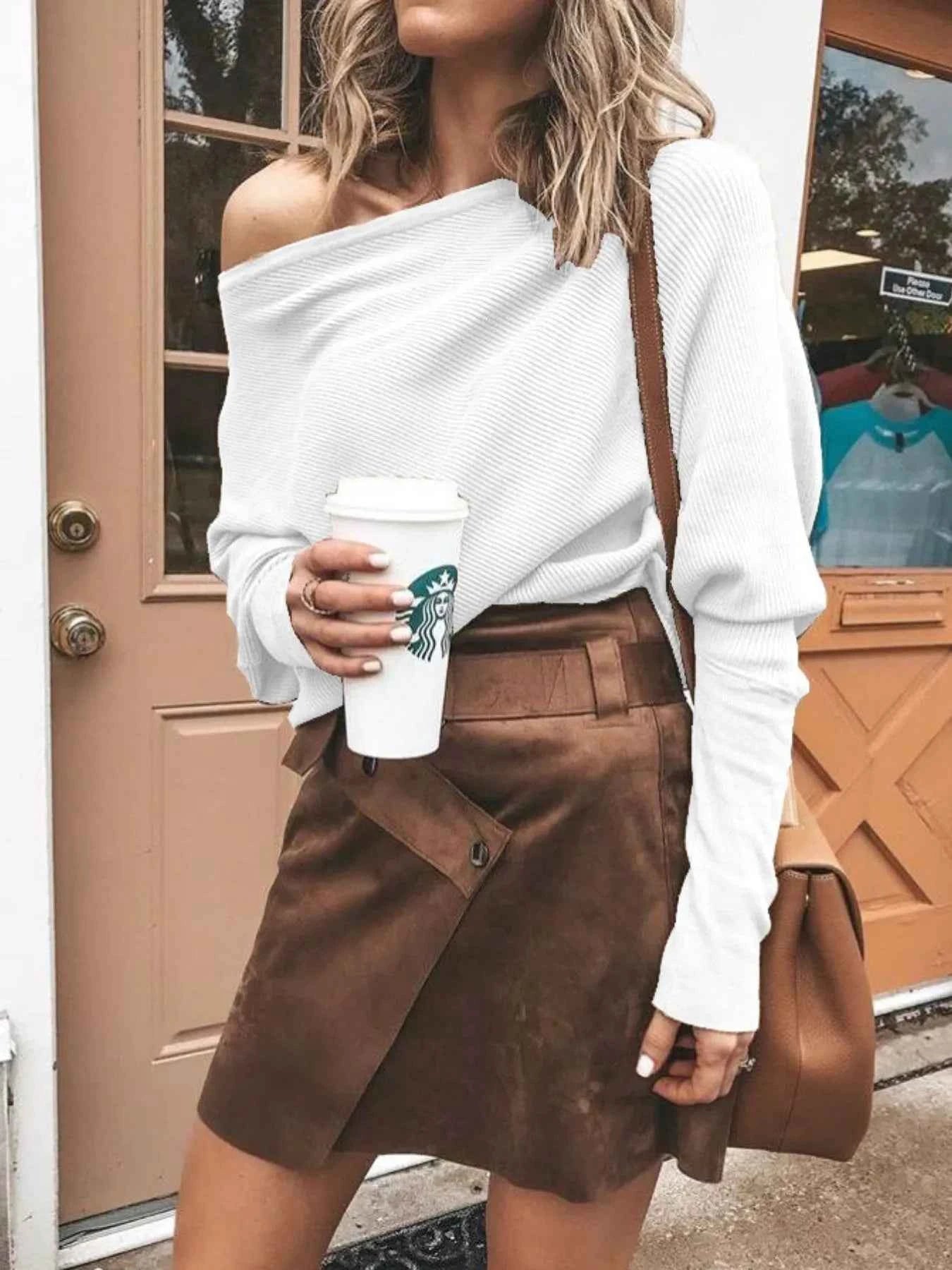 Single Shoulder Ribbed Knit Top.