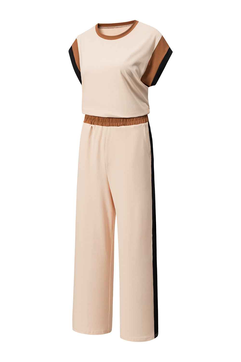 White Color Block Detail Casual Two-piece Set