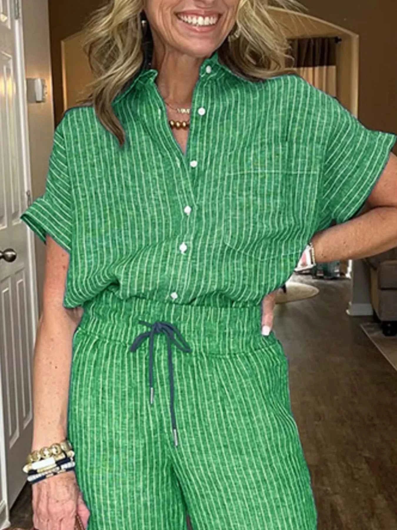 Full Size Striped Button-Up Shirt and Wide Leg Pants Casual Set Plus Size.