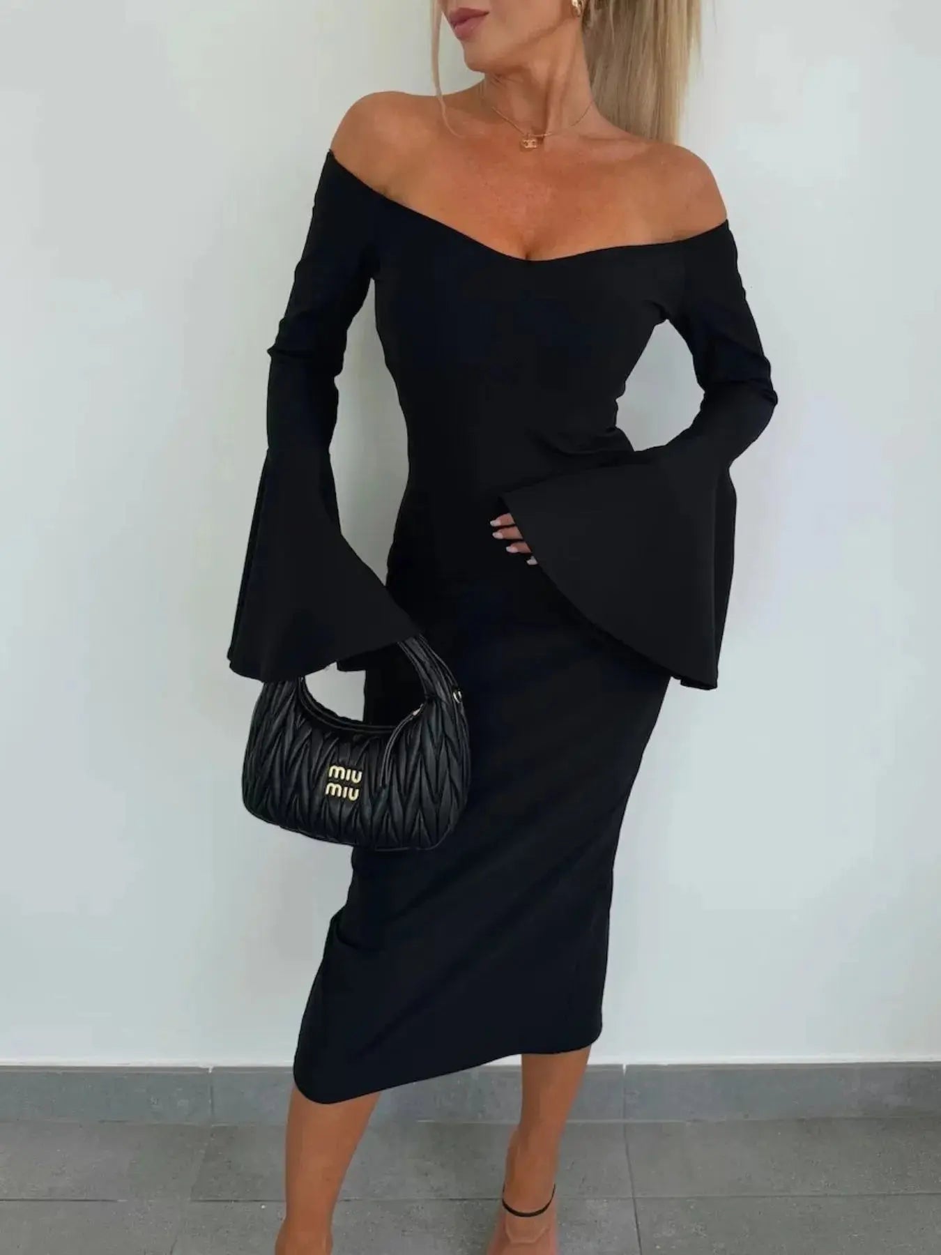 PINK Bell Sleeve Bodycon Midi Dress.