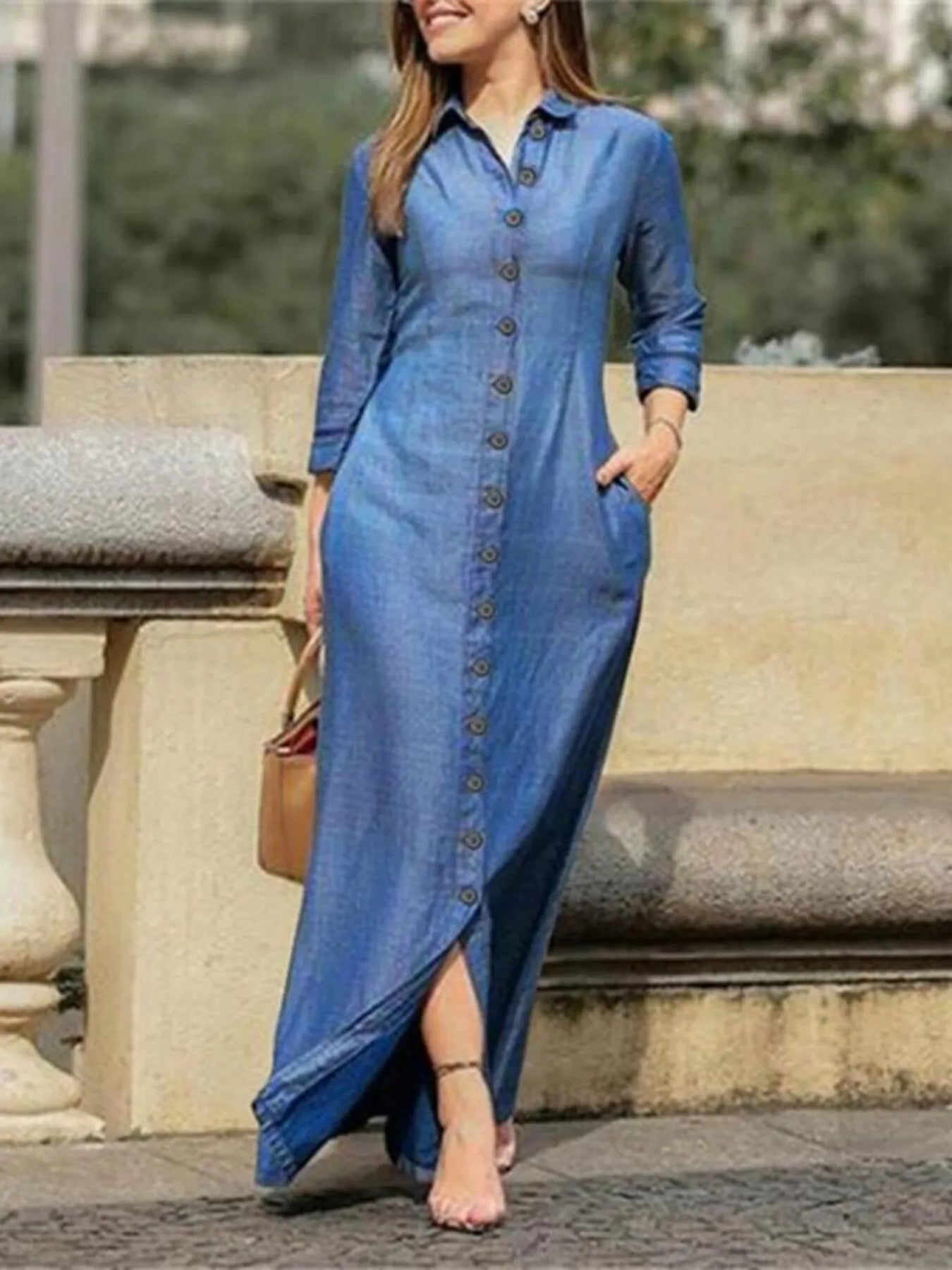 Full Size Button-Down Maxi Denim Dress Plus Size.