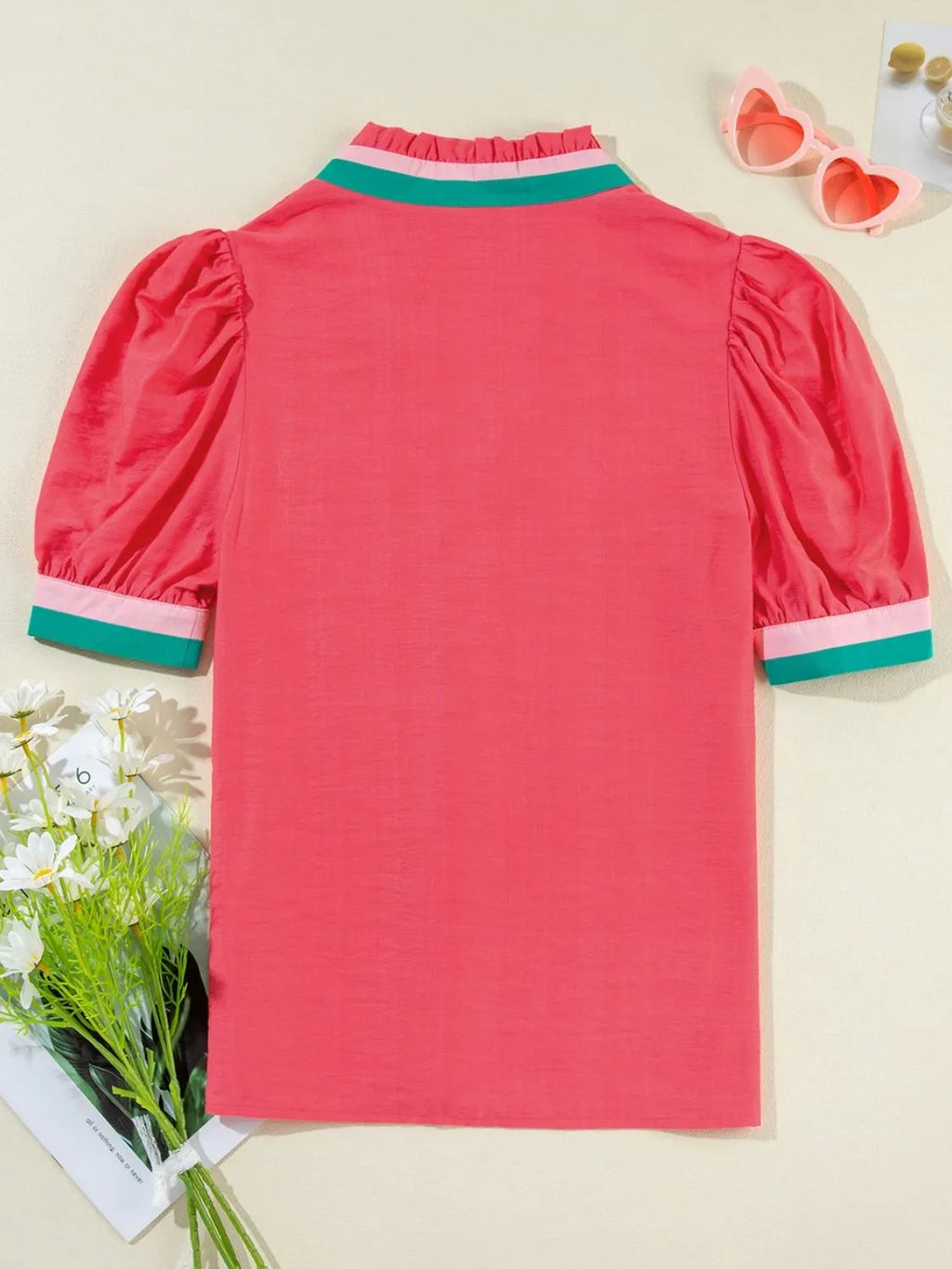 Carrot Colorful Trim V Neck Short Sleeve Blouse.