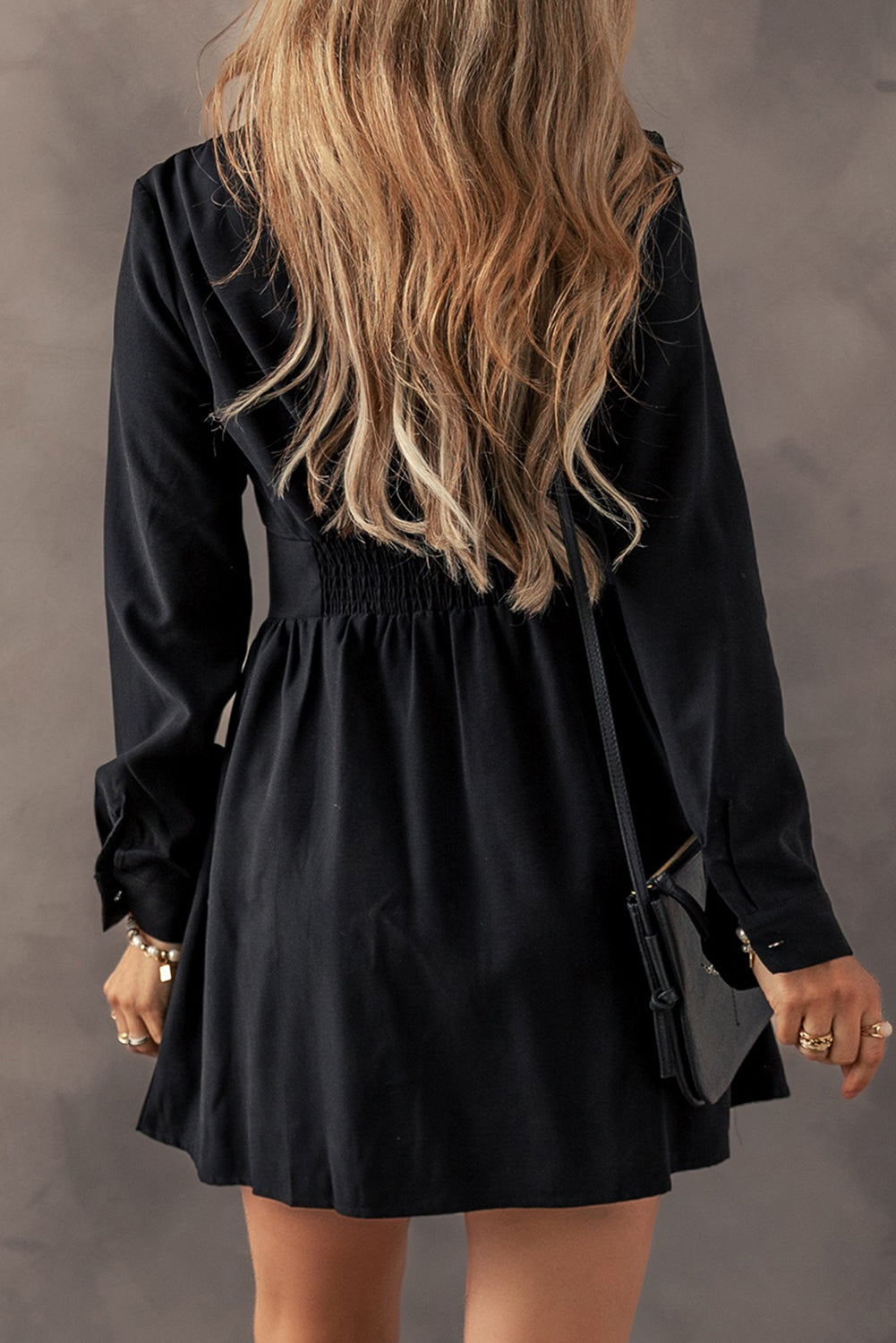 Black Elastic Cinched High Waist Long Sleeve Shirt Mini Dress Dear-Lover Dropshipping