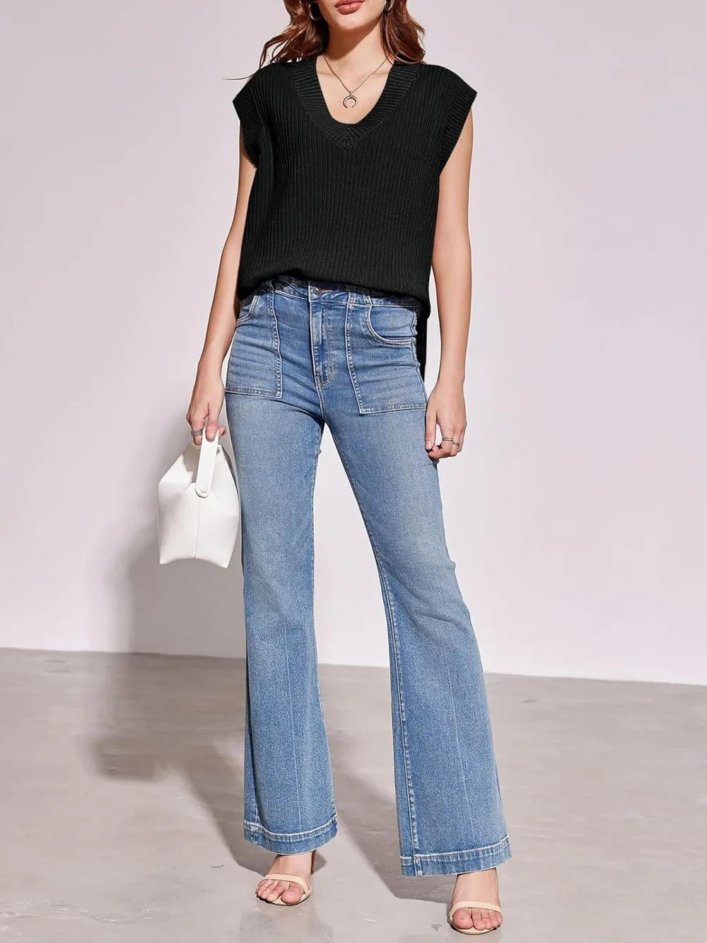 Lovelet Ribbed Slit V-Neck Sweater Vest.