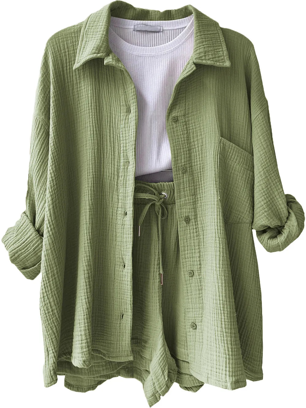 Texture Button Up Shirt and Drawstring Shorts Set - CHIC TB