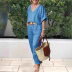 Women Multicolor V Neck Loose Athletic Sportswear Outfit Set