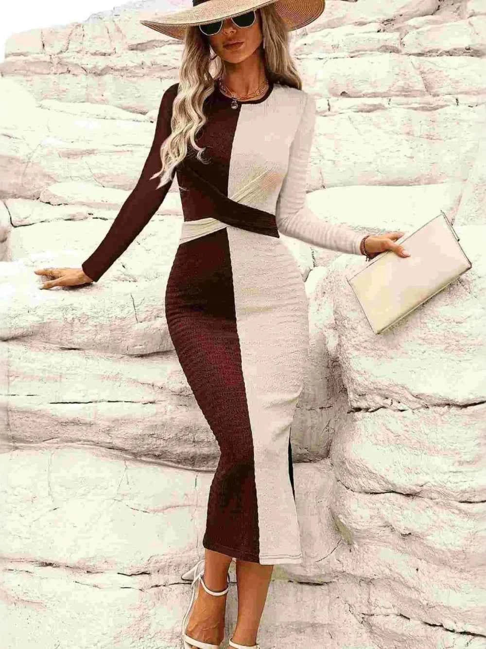 Two Tone Slit Round Neck Long Sleeve Midi Dress